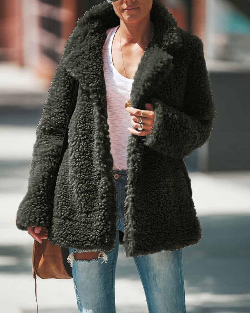 Plush Coat Lapel Long Sleeved Cardigan Jacket – Army Green Plush Coat Lapel Long Sleeved Cardigan Jacket – Army Green