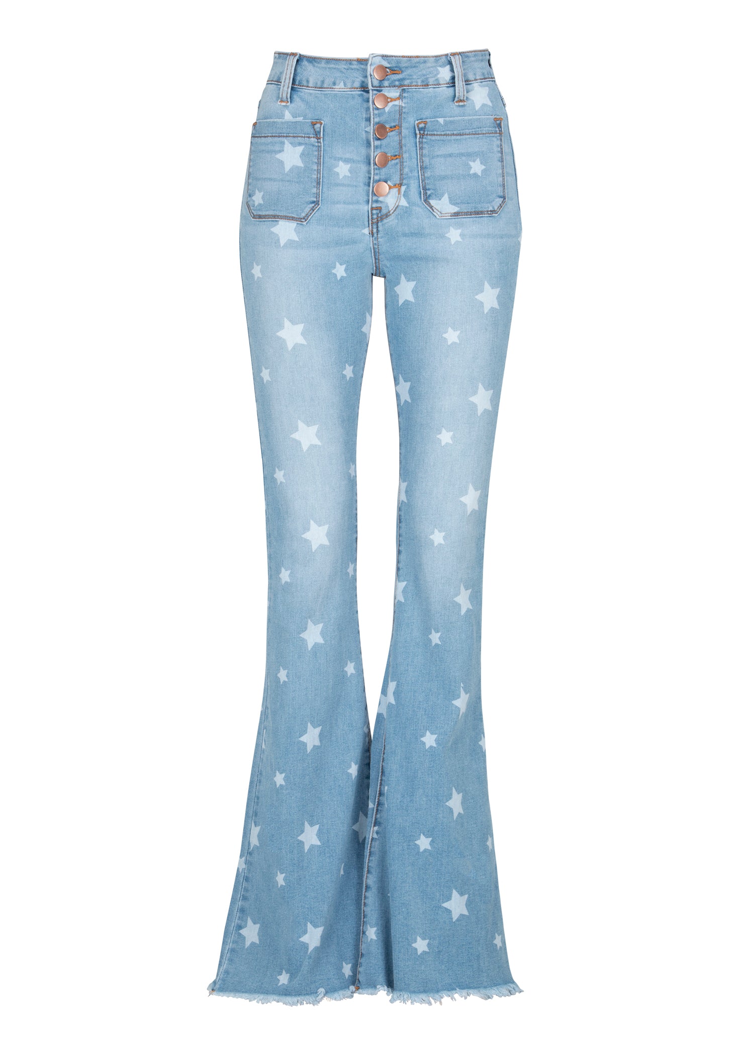 BLUE DENIM STAR PRINT FLARED JEANS WITH FRAYED HEM – Blue BLUE DENIM STAR PRINT FLARED JEANS WITH FRAYED HEM – Blue