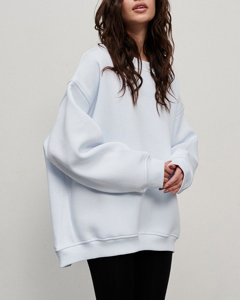 Solid Color Loose Sweatshirt Street Style Oversize Polar Fleece Pullover – White M Solid Color Loose Sweatshirt Street Style Oversize Polar Fleece Pullover – White M