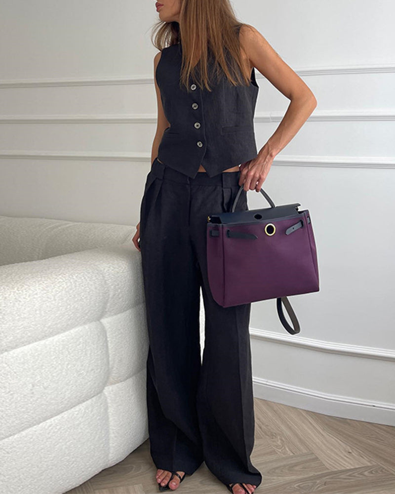 Solid Color Two-piece Slim Fit Sleeveless Vest Casual Wide Leg Pants Set – Black S Solid Color Two-piece Slim Fit Sleeveless Vest Casual Wide Leg Pants Set – Black S