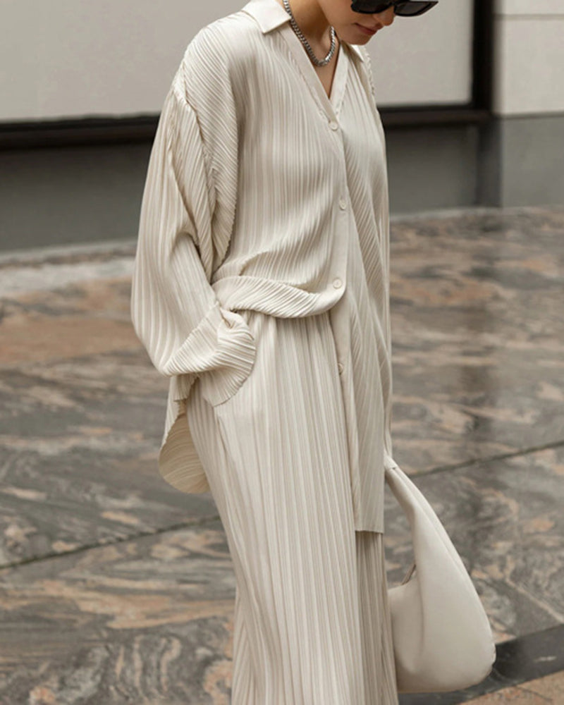 Solid Color Straight Pants Casual Two-piece Pleated Shirt Trousers Set – Beige L- Solid Color Straight Pants Casual Two-piece Pleated Shirt Trousers Set – Beige L-