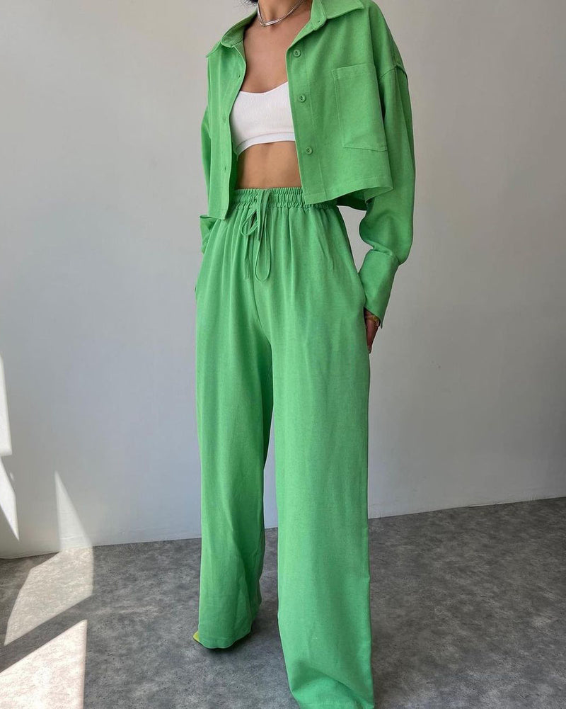 Two Piece Outfits Casual Lounge Sets Long Sleeve Short Casual Shirt with Drawstring Trousers Set – Green S Two Piece Outfits Casual Lounge Sets Long Sleeve Short Casual Shirt with Drawstring Trousers Set – Green S