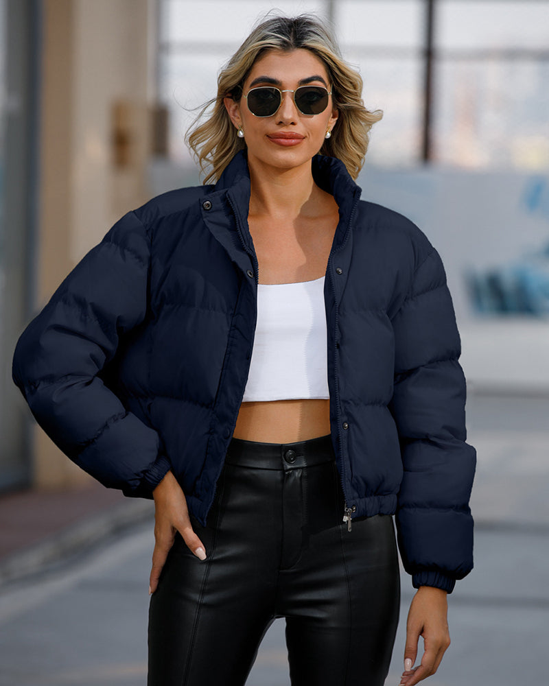 Short Puffer Jacket Stands Up Button Zipper Outerwear – Navy blue L- Short Puffer Jacket Stands Up Button Zipper Outerwear – Navy blue L-