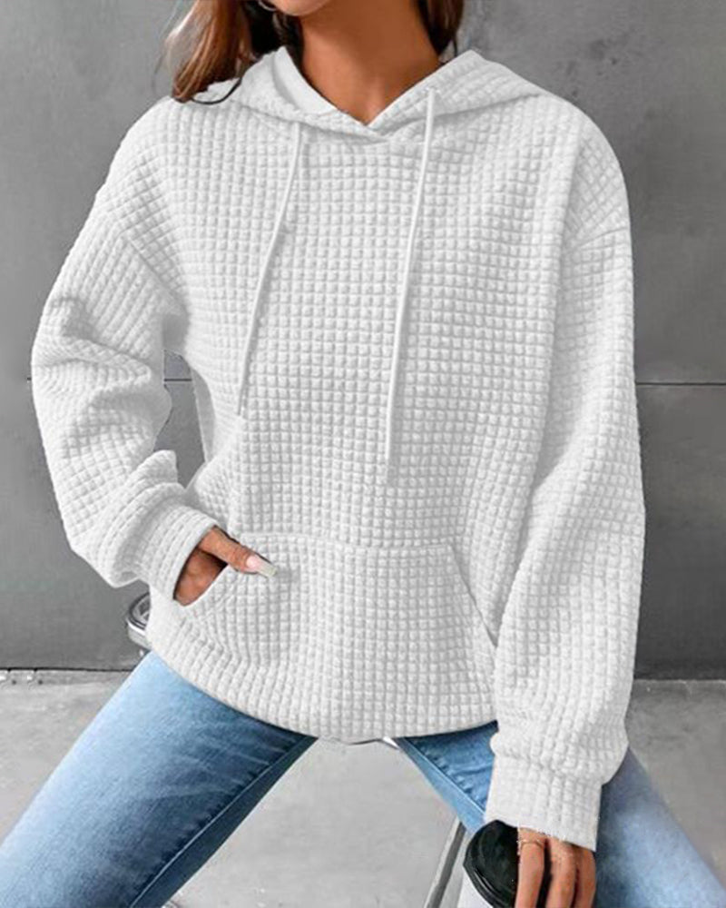Zeagoo Casual Long Sleeve Waffle Hoodie Drawstring Pullover Sweatshirts Crop Top with Pockets – White