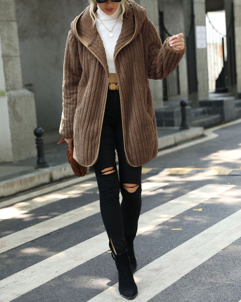 Hooded Loose Double-sided Plush Buttonless Cardigan Jacket – Light Coffee L-