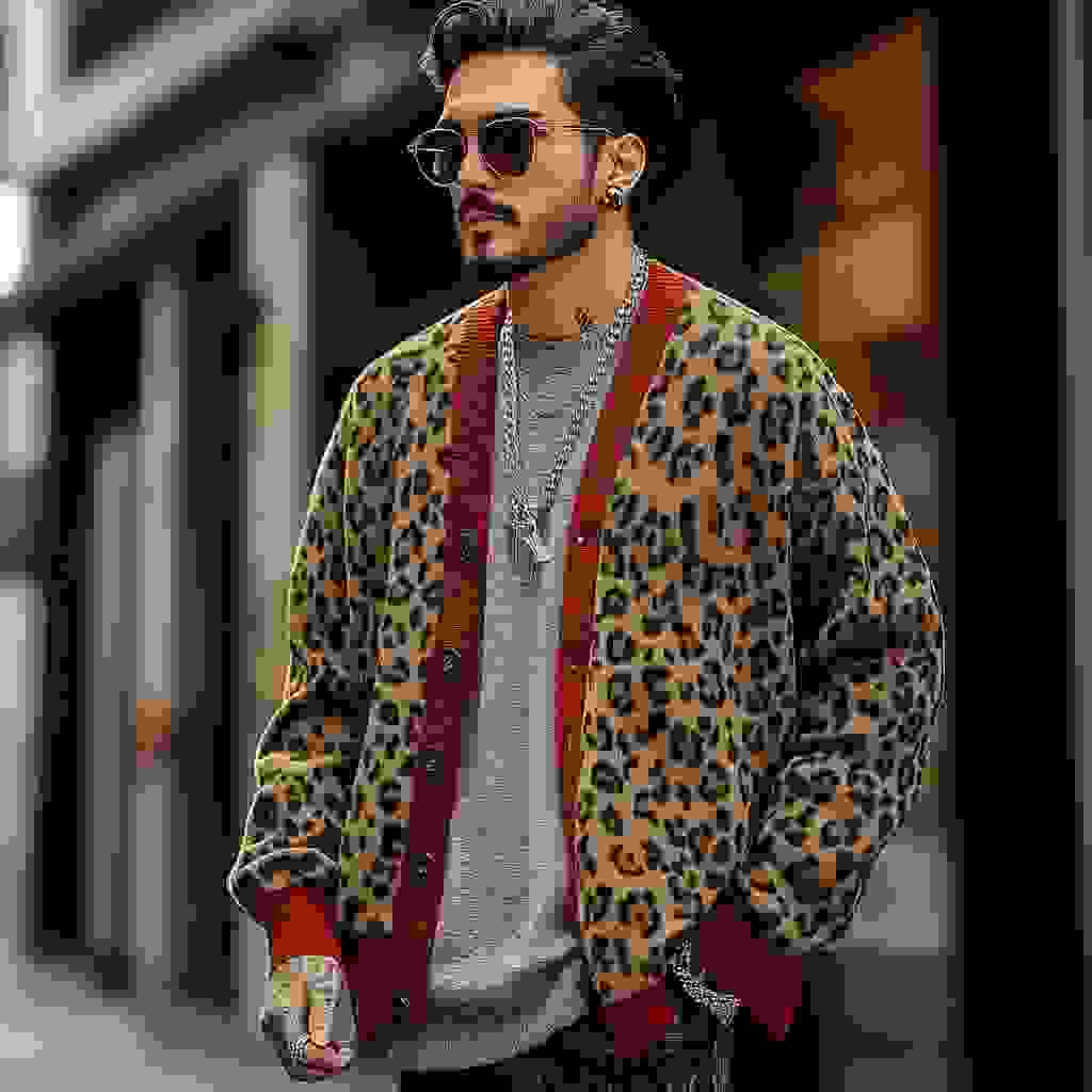 Men’s Vintage Leopard Jacquard Colorblock Single Breasted Cardigan Y Men’s Vintage Leopard Jacquard Colorblock Single Breasted Cardigan Y