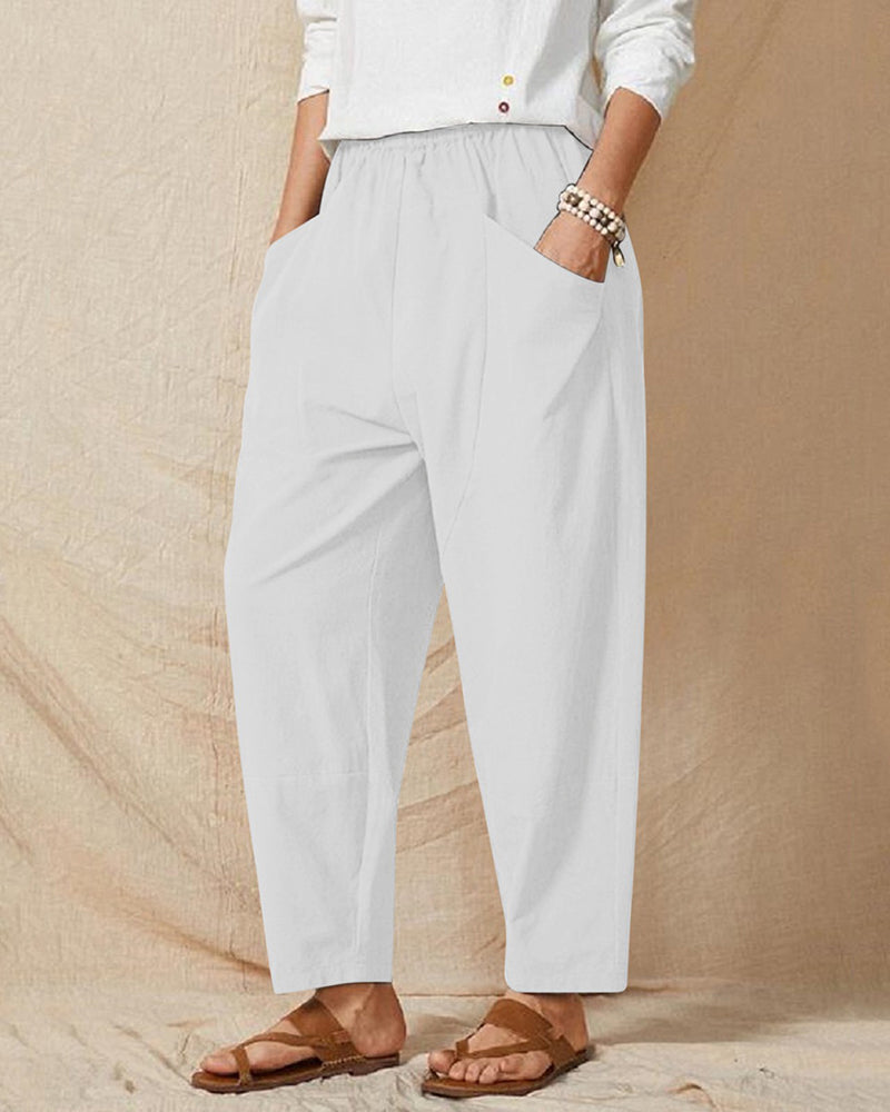 Solid Color Elastic Waist Cropped Wide Leg Pants Loose Trousers – White Solid Color Elastic Waist Cropped Wide Leg Pants Loose Trousers – White