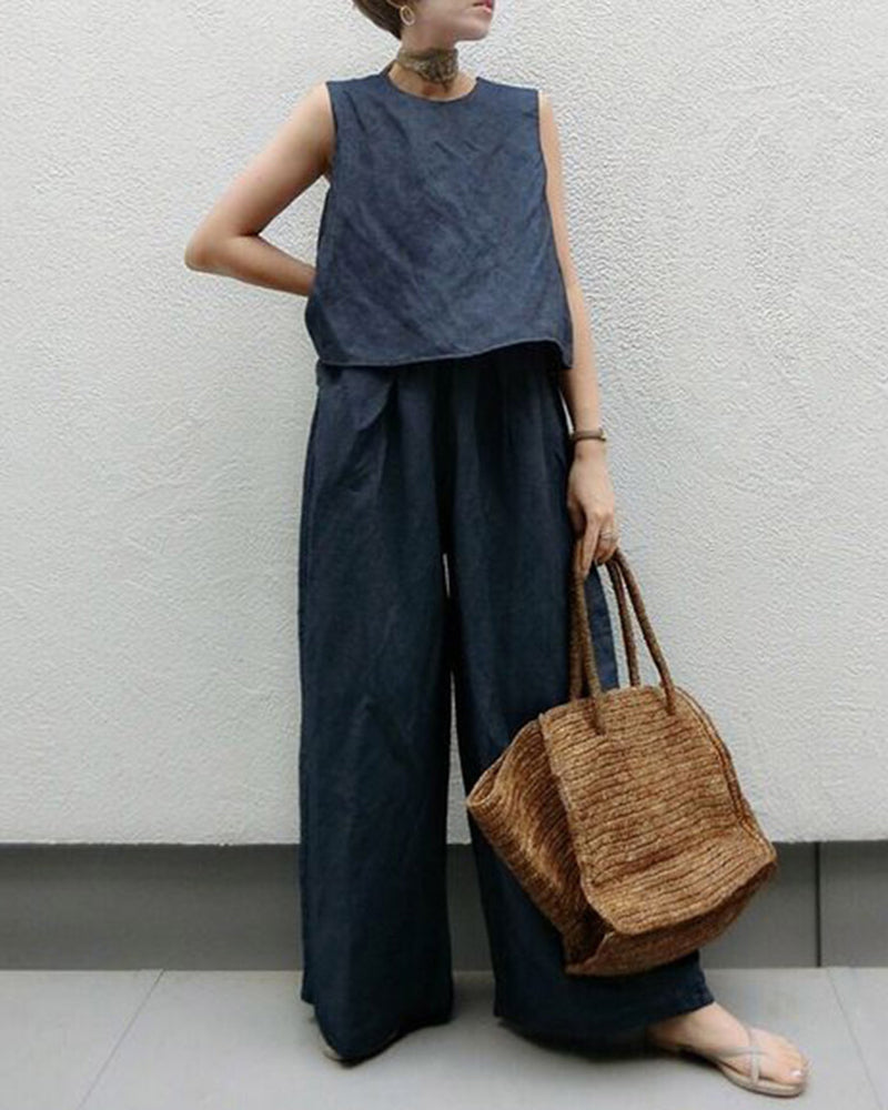 Sleeveless Tank Top and Wide-leg Pants Two-piece Set – Navy blue S Sleeveless Tank Top and Wide-leg Pants Two-piece Set – Navy blue S