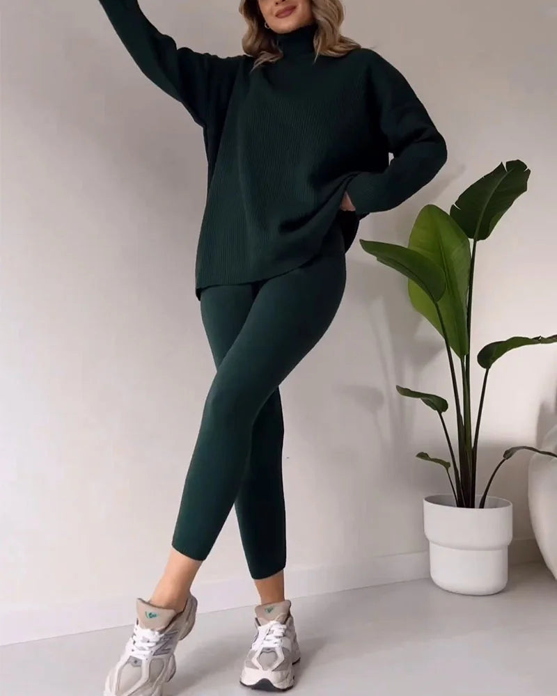 Zeagoo Chic Turtleneck Top and Slim Trousers Two-piece Set – Green L- Zeagoo Chic Turtleneck Top and Slim Trousers Two-piece Set – Green L-