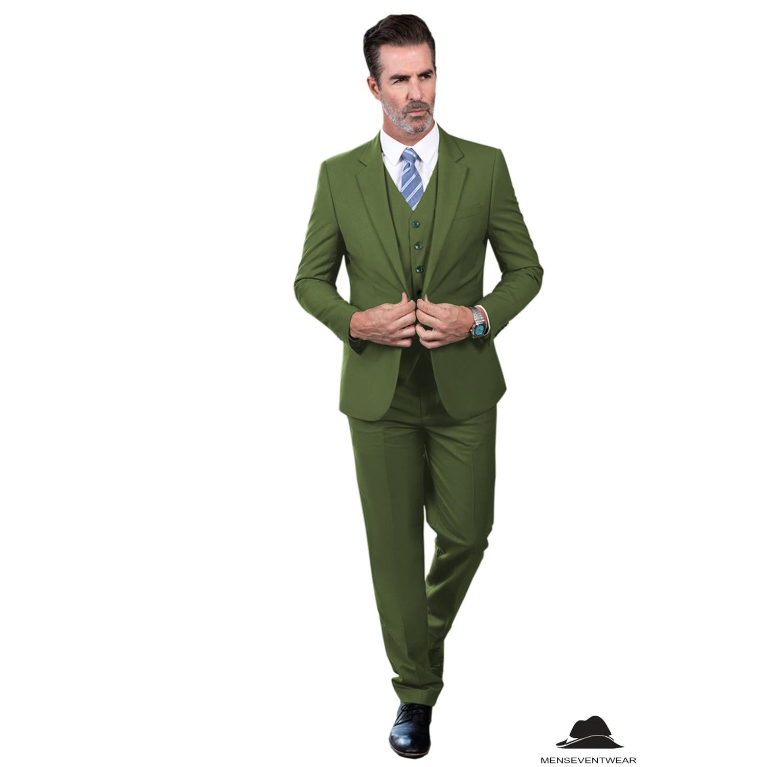 Fashion Pieces Mens Suit Flat Notch Lapel Tuxedos Blazer+vest+Pants – Olive Green Size Customisation