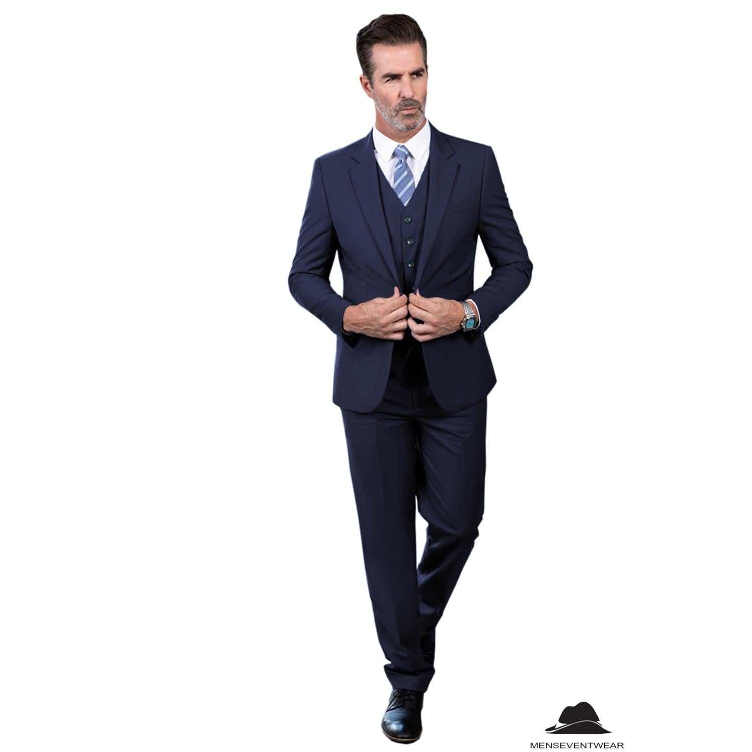 Fashion Pieces Mens Suit Flat Notch Lapel Tuxedos Blazer+vest+Pants – Navy Size Customisation Fashion Pieces Mens Suit Flat Notch Lapel Tuxedos Blazer+vest+Pants – Navy Size Customisation