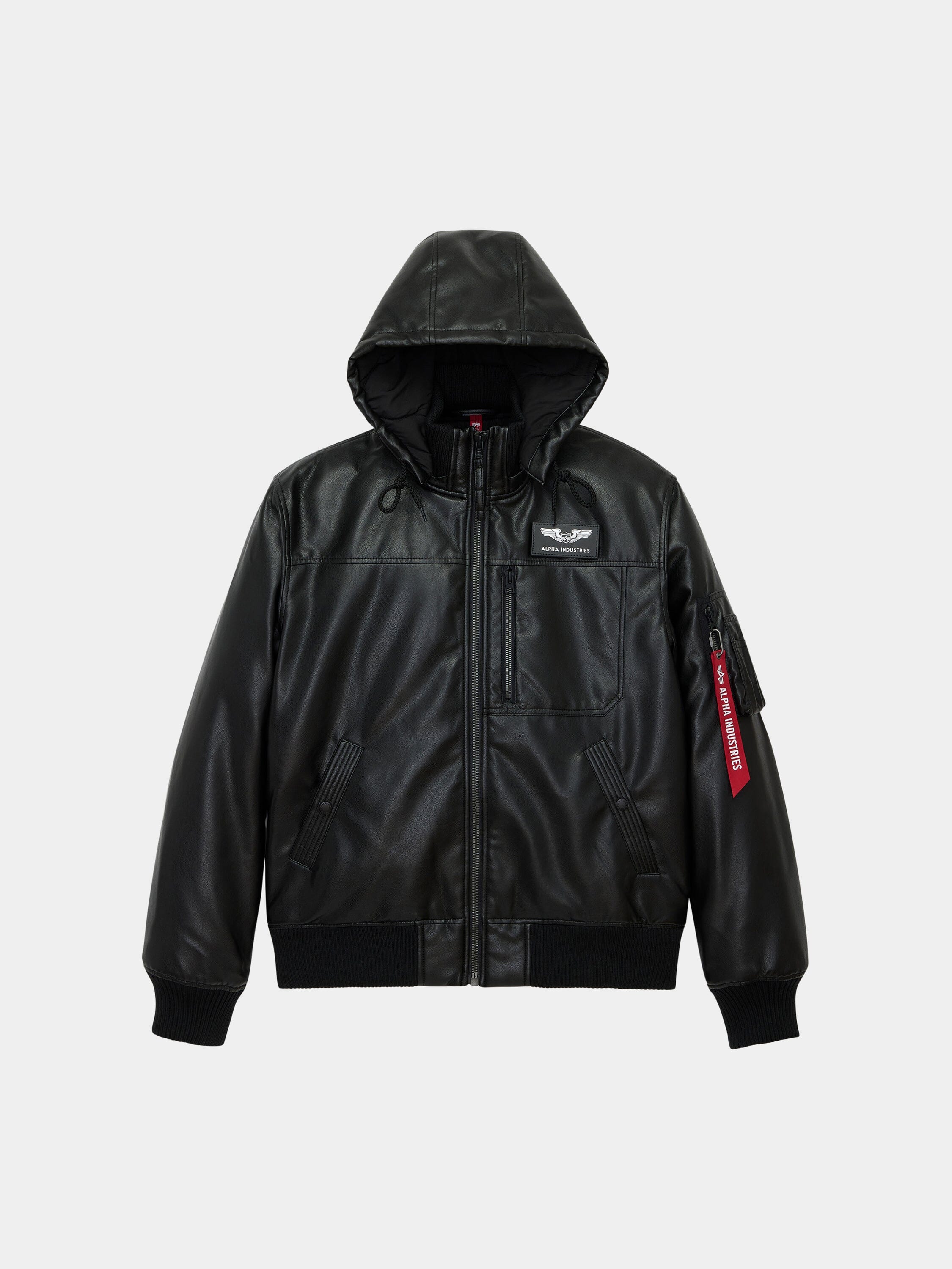 FAUX LEATHER HOODED RIB FLIGHT JACKET FAUX LEATHER HOODED RIB FLIGHT JACKET