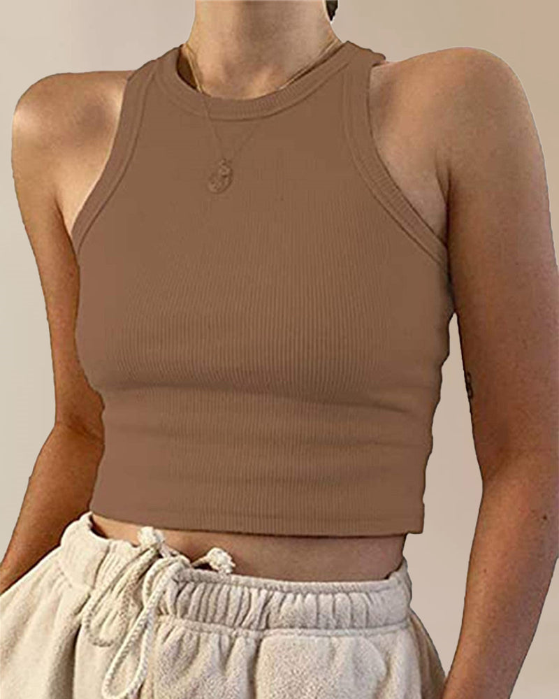 Round Neck Basic Racerback Ribbed Tank Top – Khaki Round Neck Basic Racerback Ribbed Tank Top – Khaki