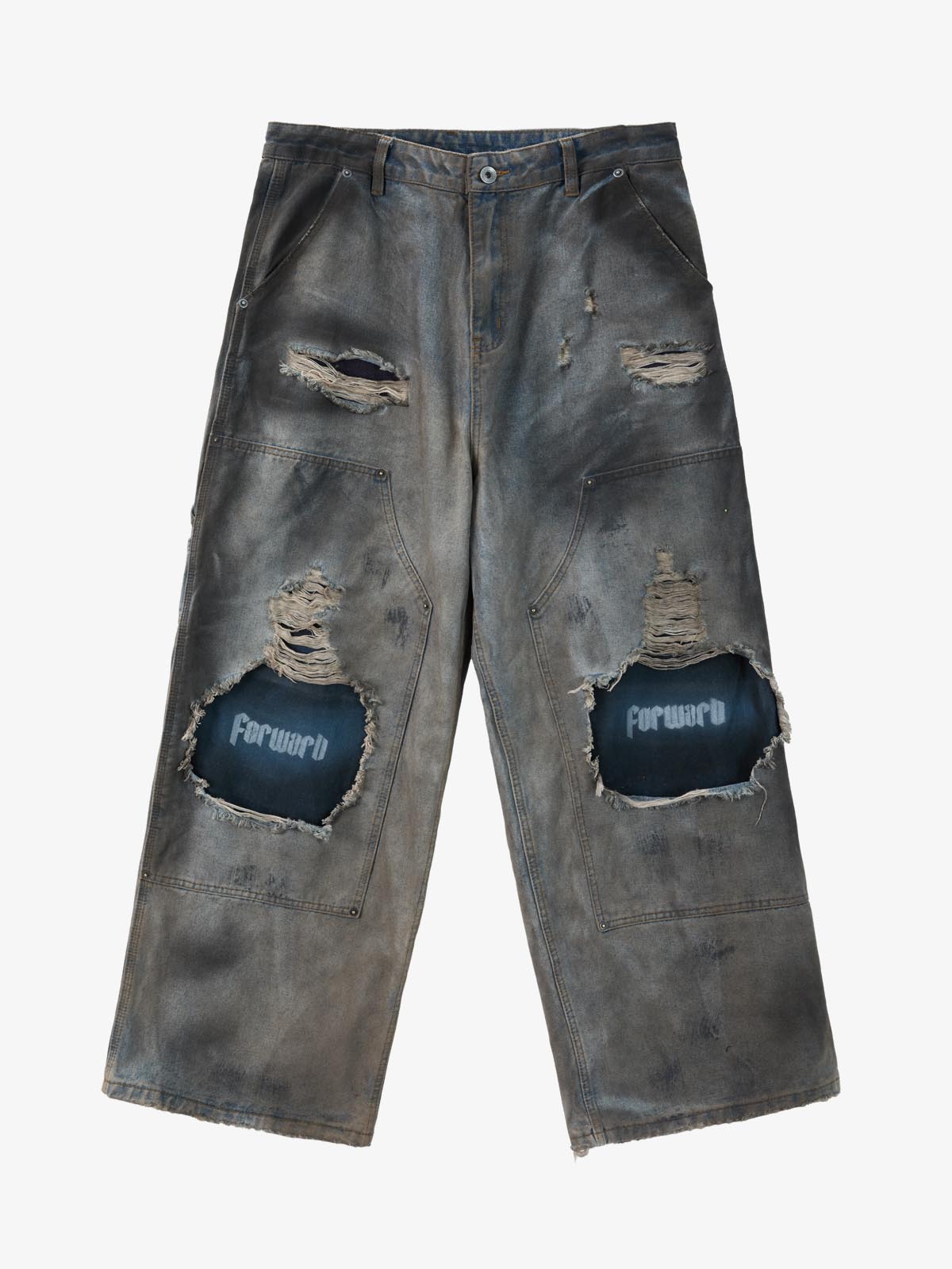 Distressed Washed Ripped Letter Patchwork Wide Leg Jeans Distressed Washed Ripped Letter Patchwork Wide Leg Jeans