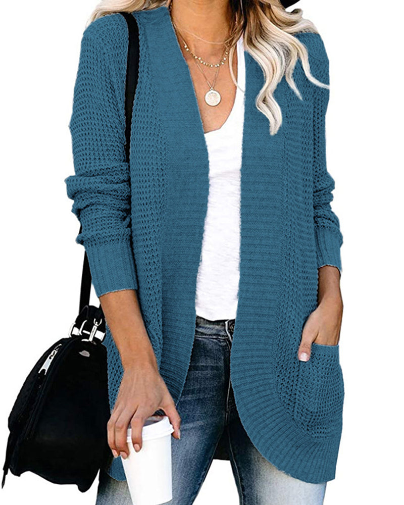 Solid Color Knit Open-Front Cardigan – Blue L- Solid Color Knit Open-Front Cardigan – Blue L-
