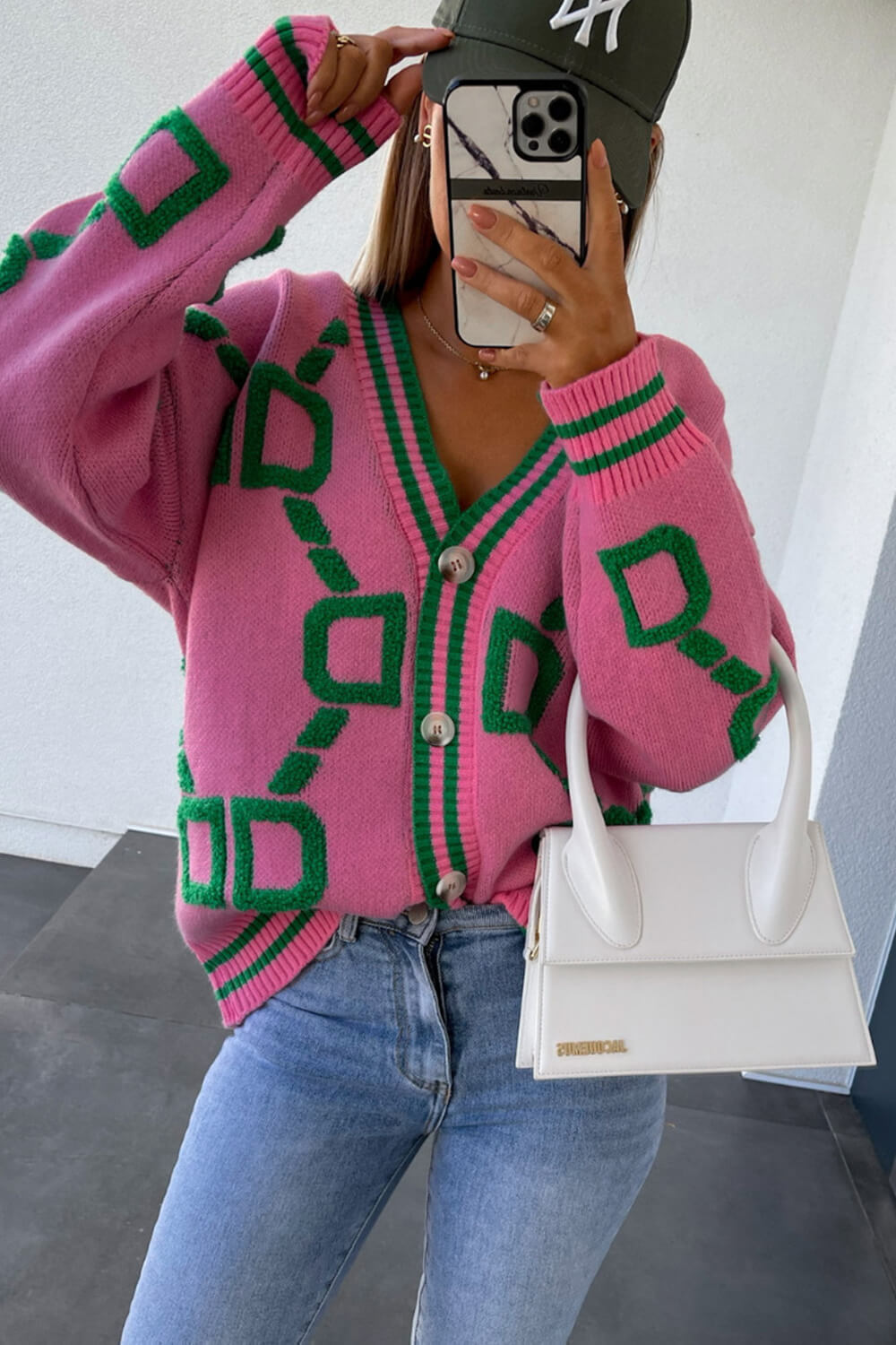 Letter D Chain Print Front Button V Neck Knit Cardigan – S Pink