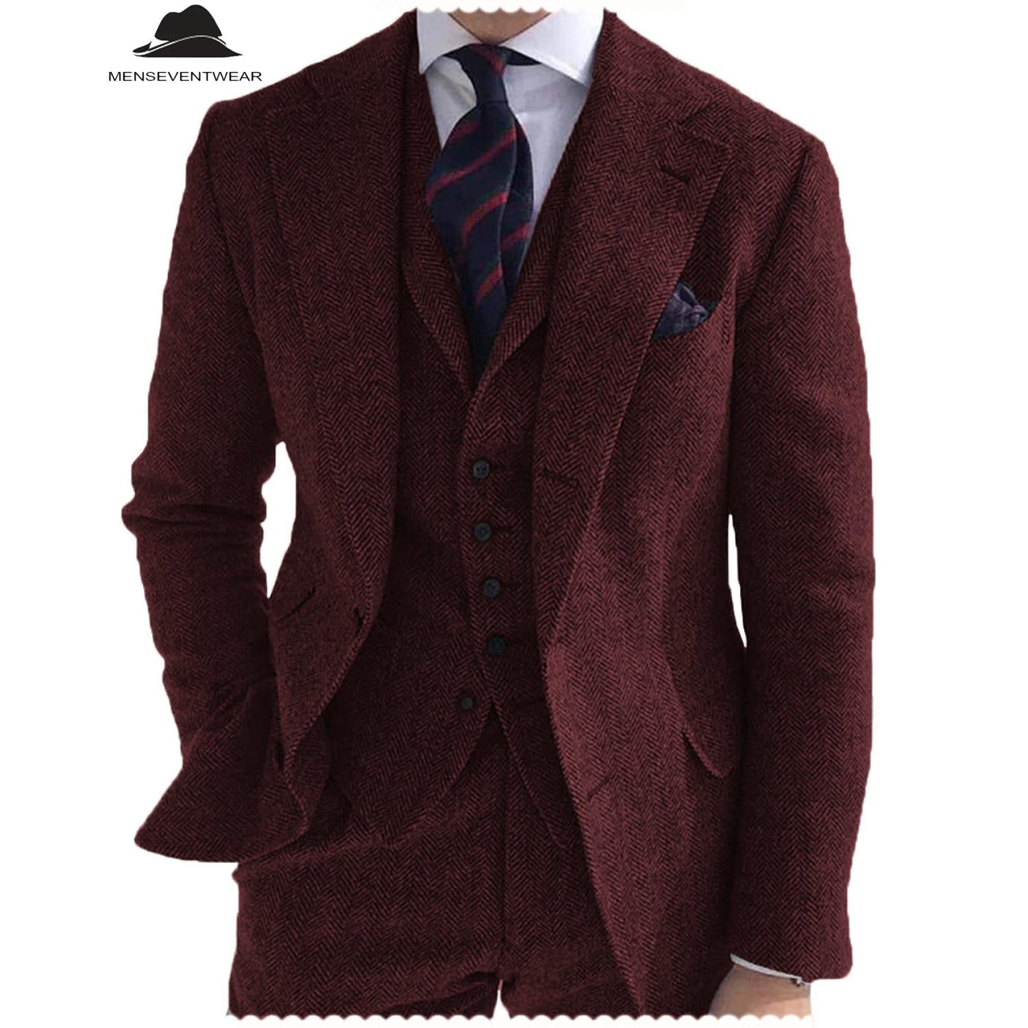 Menseventwear Formal Piece Mens Suit Herringbone Notch Lapel Blazer Blazer Vest+Pants Menseventwear Formal Piece Mens Suit Herringbone Notch Lapel Blazer Blazer Vest+Pants