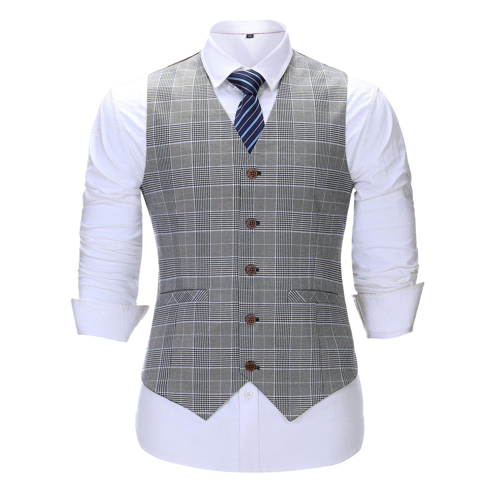 Menseventwear Formal Men’s Suit Vest Plaid V Neck Grey Waistcoat Menseventwear Formal Men’s Suit Vest Plaid V Neck Grey Waistcoat