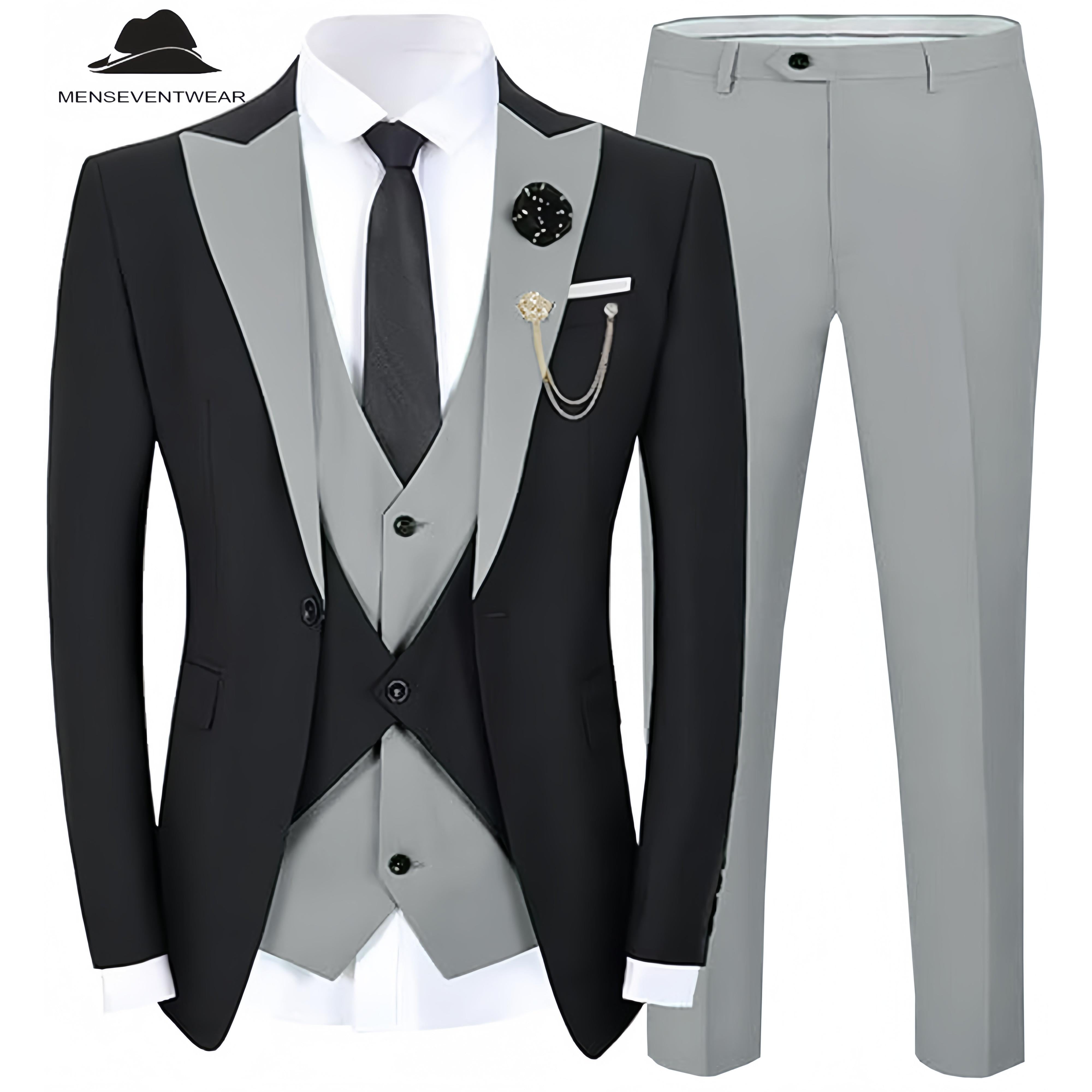Formal Men’s Suits Slim Fit Pieces Peak Lapel Tuxedos Black Blazer+Vest+ Pant Formal Men’s Suits Slim Fit Pieces Peak Lapel Tuxedos Black Blazer+Vest+ Pant