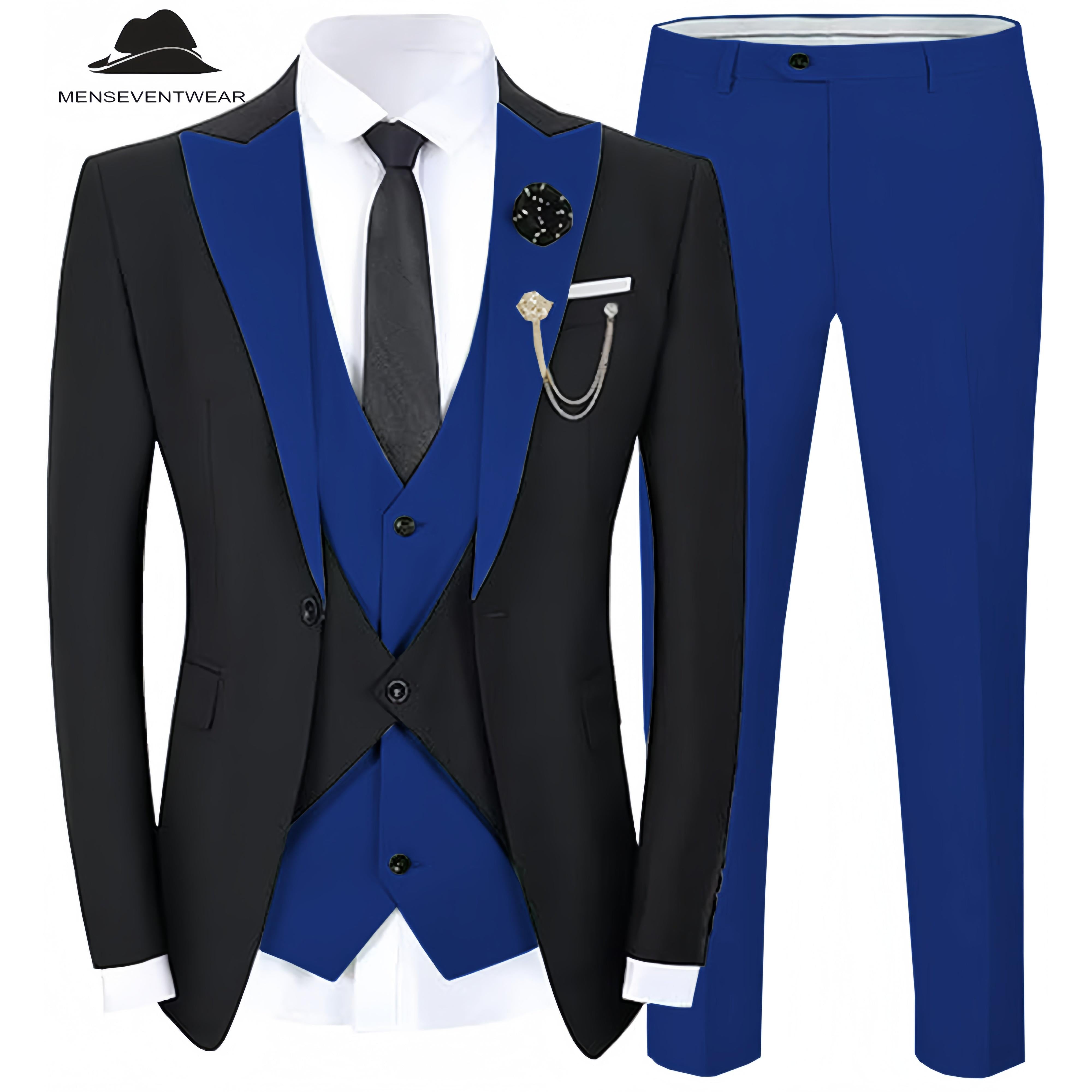 Formal Men’s Suits Slim Fit Pieces Peak Lapel Tuxedos Black Blazer+Vest+ Pant Formal Men’s Suits Slim Fit Pieces Peak Lapel Tuxedos Black Blazer+Vest+ Pant