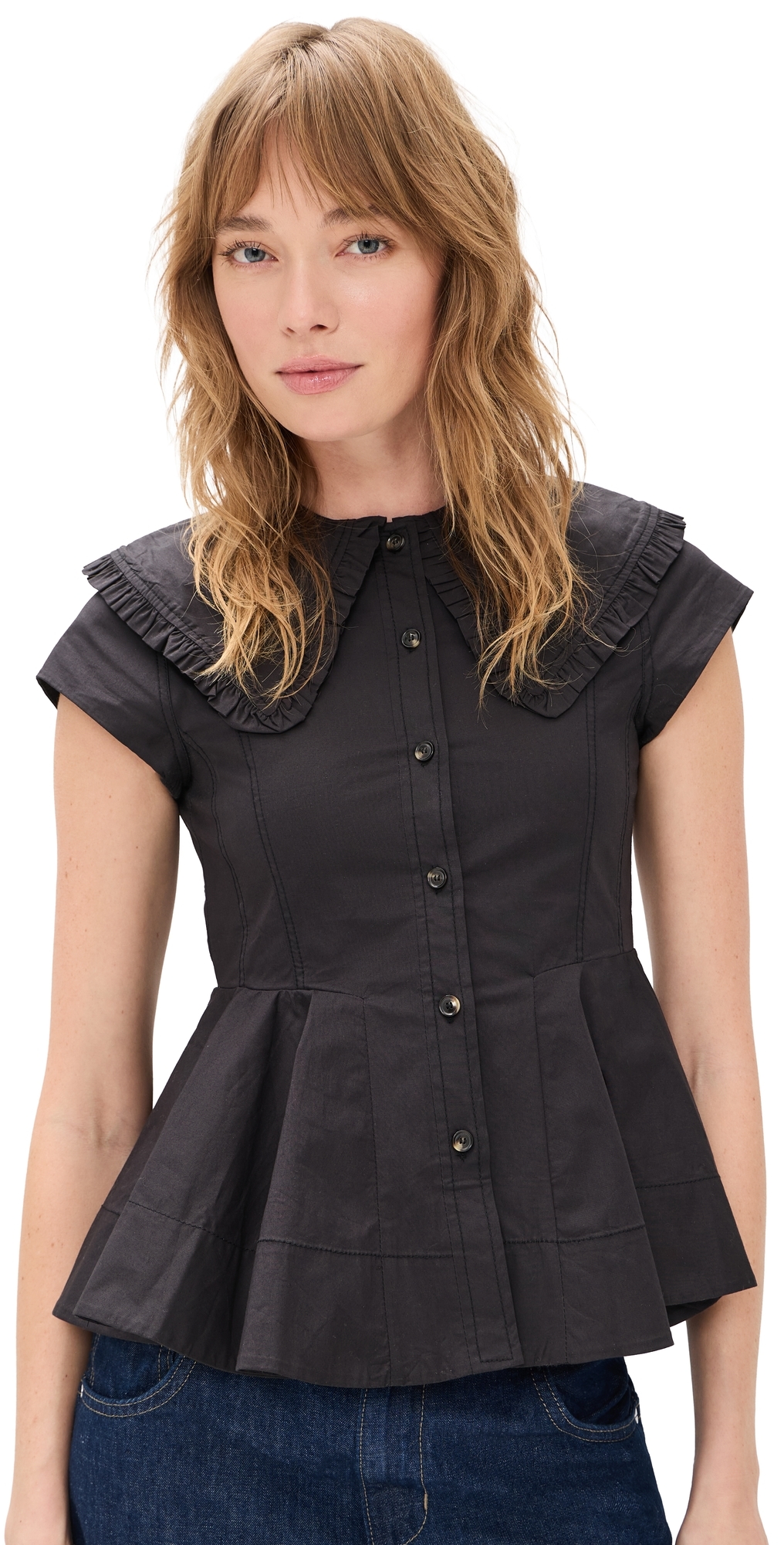 GANNI Stretch Cotton Peter Pan Collar Shirt Black GANNI Stretch Cotton Peter Pan Collar Shirt Black