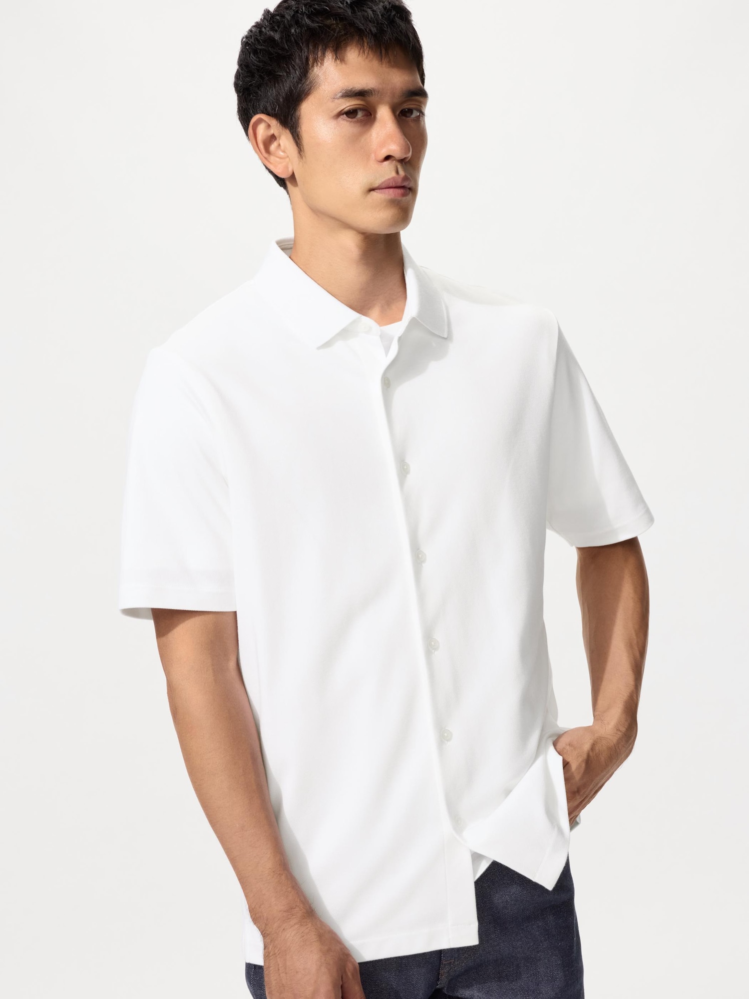 UNIQLO Men’s AIRism Cotton Pique Full Open Polo Shirt, White UNIQLO Men’s AIRism Cotton Pique Full Open Polo Shirt, White