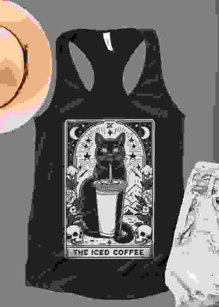 The Iced Coffee Tarot Card Black Cat Tank Top – Black The Iced Coffee Tarot Card Black Cat Tank Top – Black