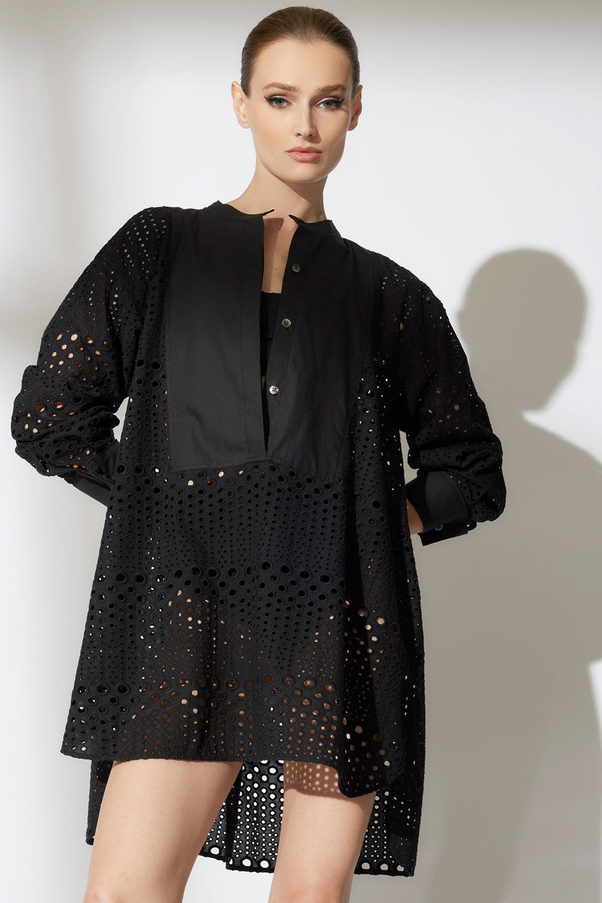 Round Eyelet Oversized Tuxedo Shirt