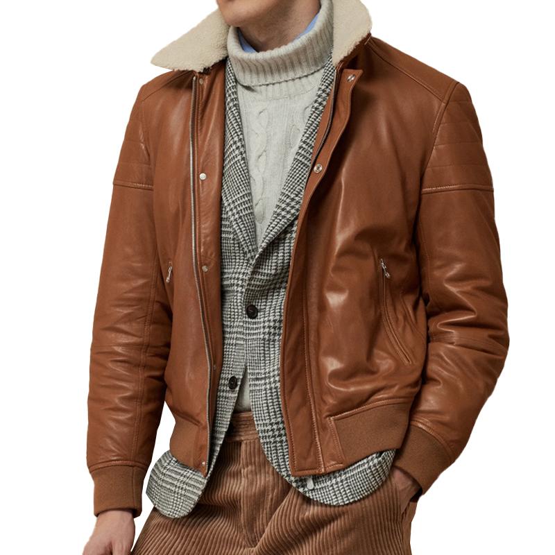 Men’s Vintage Fur Collar Zip Fly Patchwork Leather Bomber Jacket M Men’s Vintage Fur Collar Zip Fly Patchwork Leather Bomber Jacket M