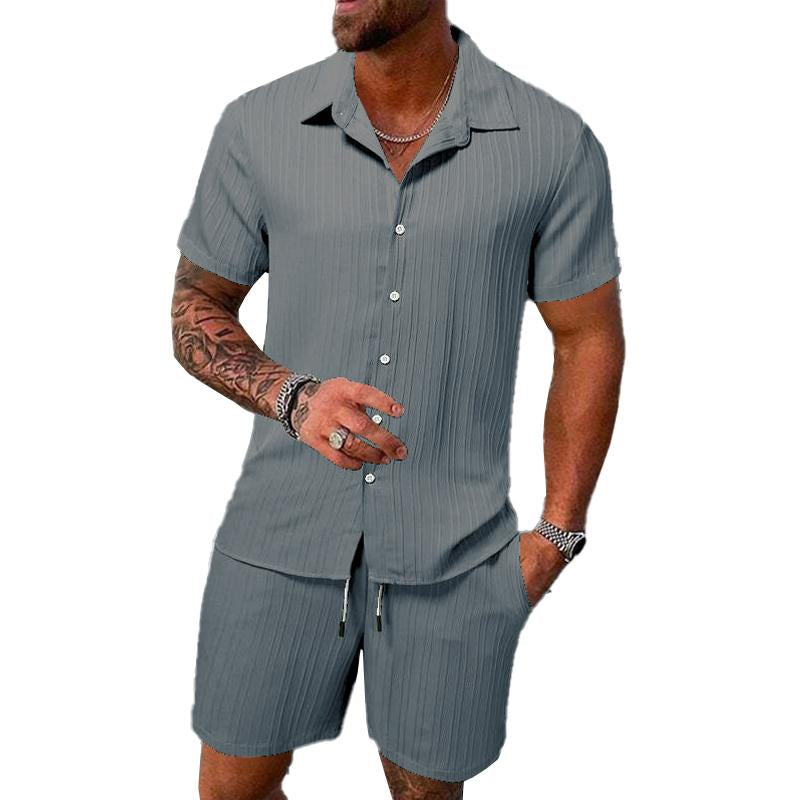 Men’s Solid Color Striped Lapel Short Sleeve Shorts Casual Set X Men’s Solid Color Striped Lapel Short Sleeve Shorts Casual Set X