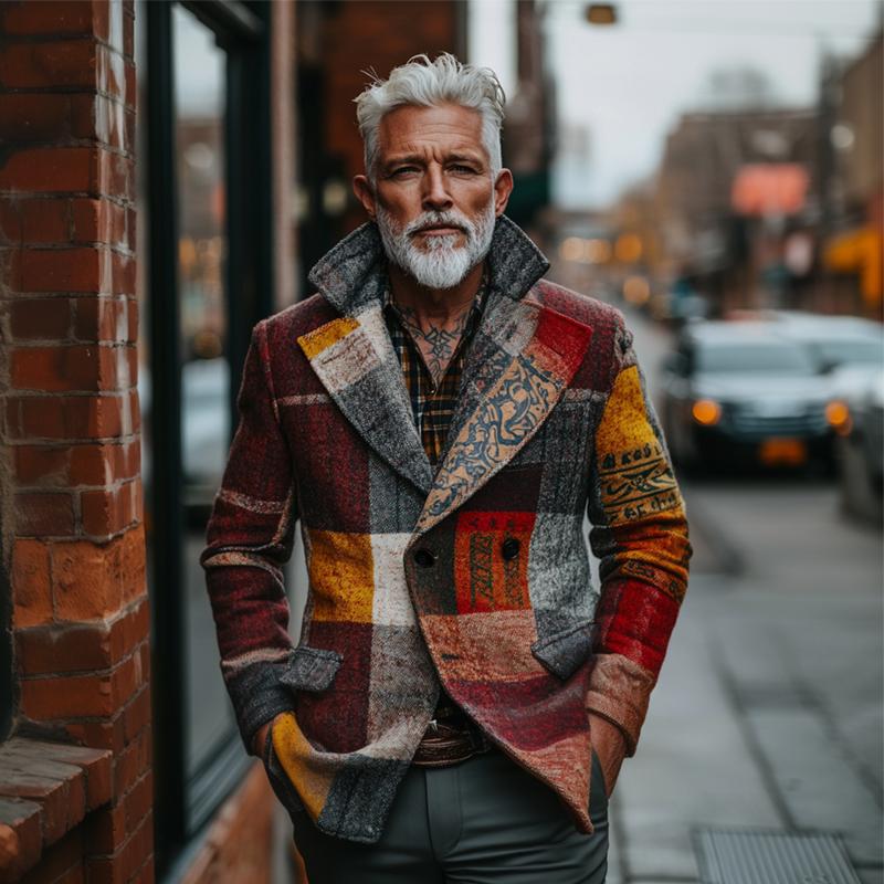 Men’s Retro Casual Tweed Plaid Ethnic Style Printed Jacket TO Men’s Retro Casual Tweed Plaid Ethnic Style Printed Jacket TO
