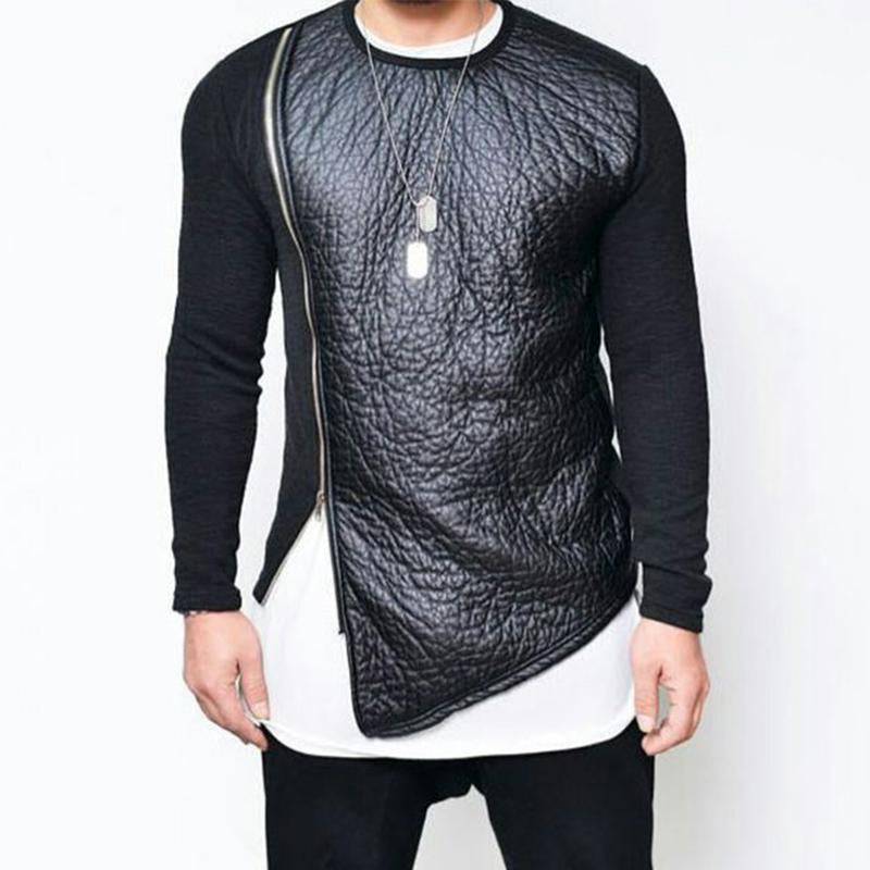 Men’s Pu Leather Stitching Zip-up Round Neck Long-sleeved shirt（Internal shirt not included U
