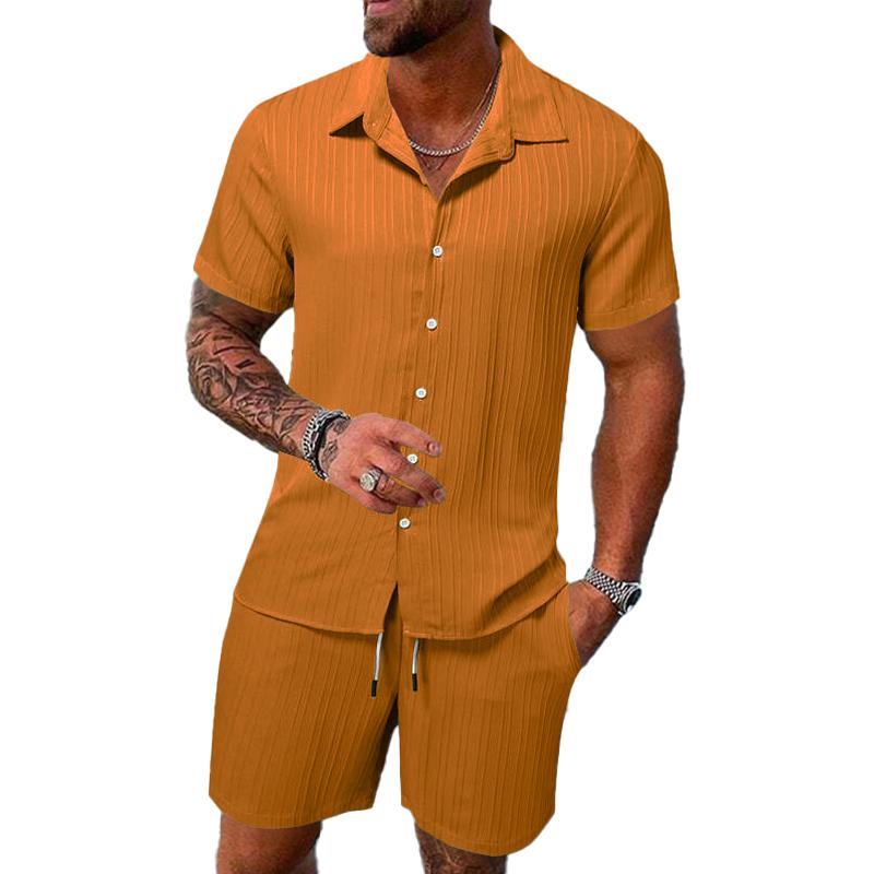 Men’s Solid Color Striped Lapel Short Sleeve Shorts Casual Set X Men’s Solid Color Striped Lapel Short Sleeve Shorts Casual Set X