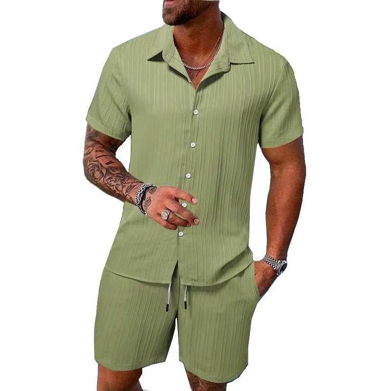 Men’s Solid Color Striped Lapel Short Sleeve Shorts Casual Set X Men’s Solid Color Striped Lapel Short Sleeve Shorts Casual Set X