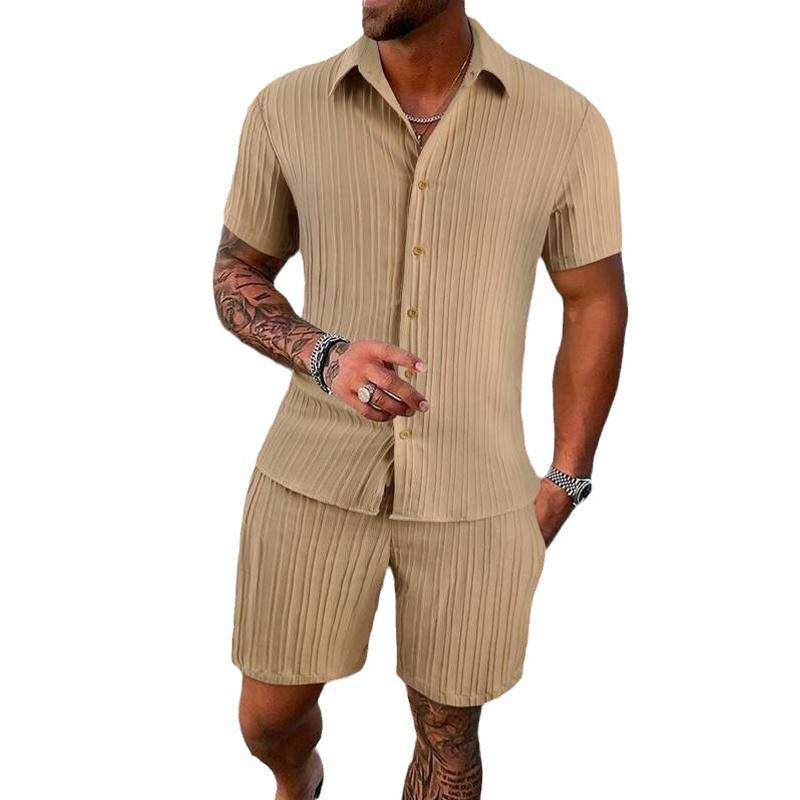 Men’s Solid Color Striped Lapel Short Sleeve Shorts Casual Set X Men’s Solid Color Striped Lapel Short Sleeve Shorts Casual Set X