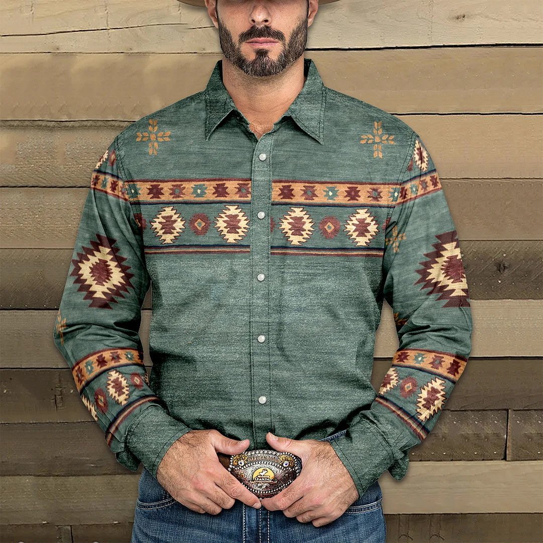 Men’s Western Denim Print Lapel Long Sleeve Shirt X Men’s Western Denim Print Lapel Long Sleeve Shirt X