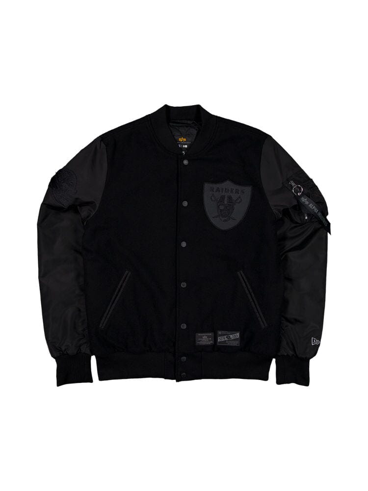 LAS VEGAS RAIDERS X ALPHA X NEW ERA WOOL VARSITY MA- BOMBER JACKET LAS VEGAS RAIDERS X ALPHA X NEW ERA WOOL VARSITY MA- BOMBER JACKET