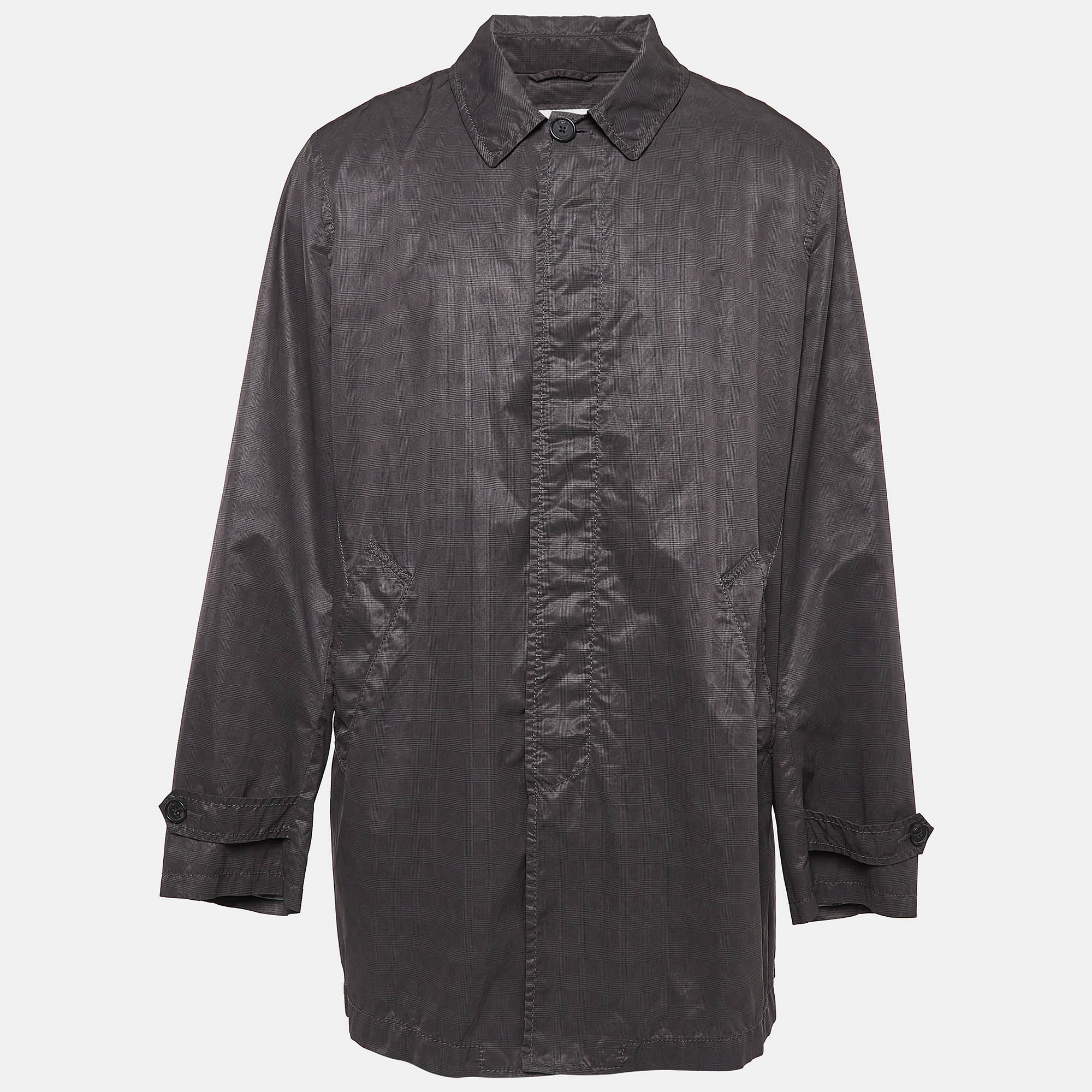 Armani Collezioni Grey Checkered Synthetic Long Overcoat