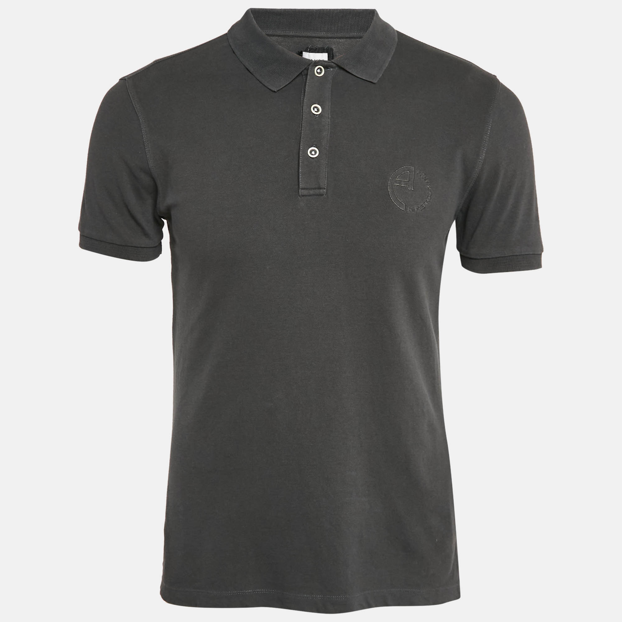 Armani Collezioni Grey Logo Embroidered Cotton Pique Polo Shirt
