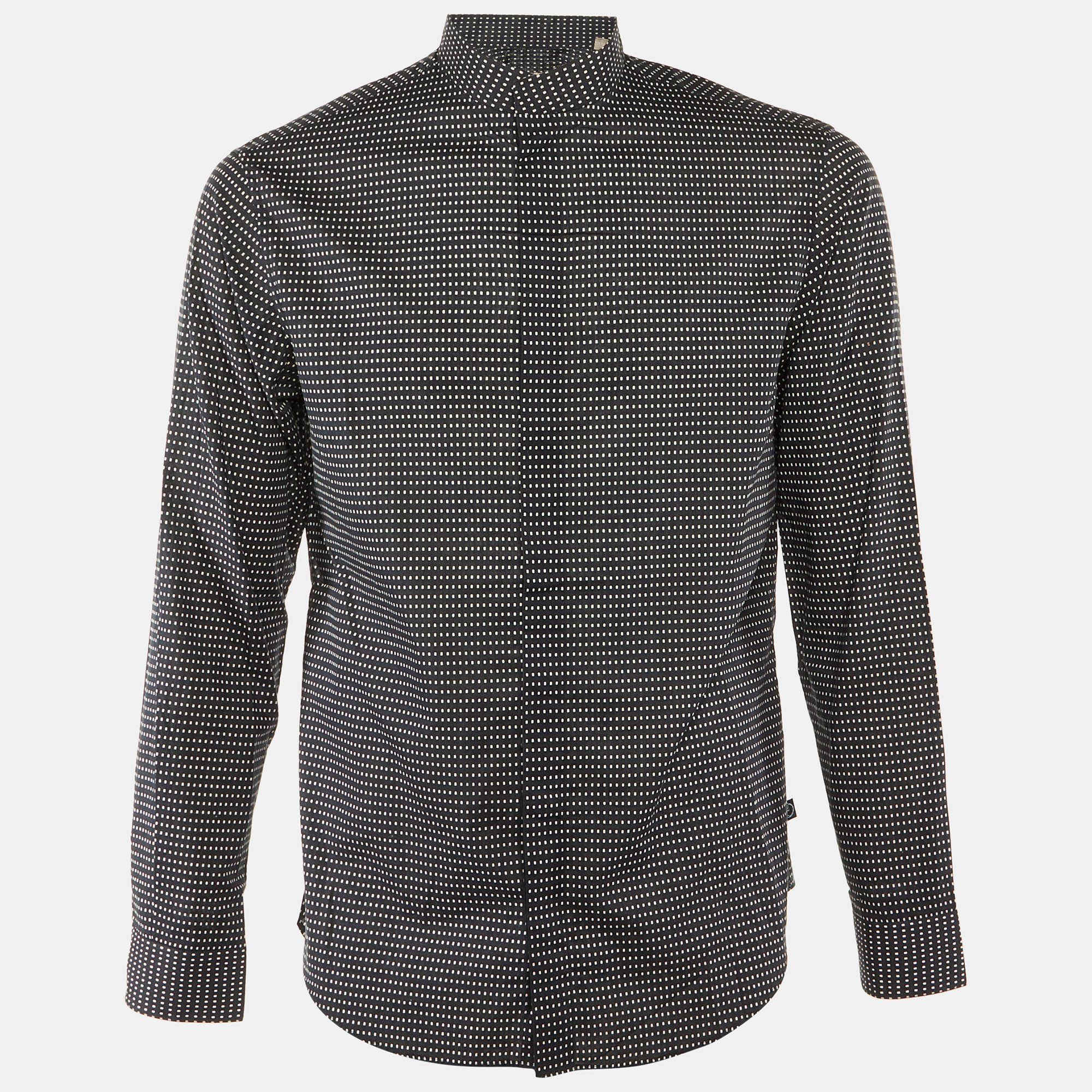 Armani Collezioni Midnight Blue Dotted Cotton Mandarin Collar Shirt
