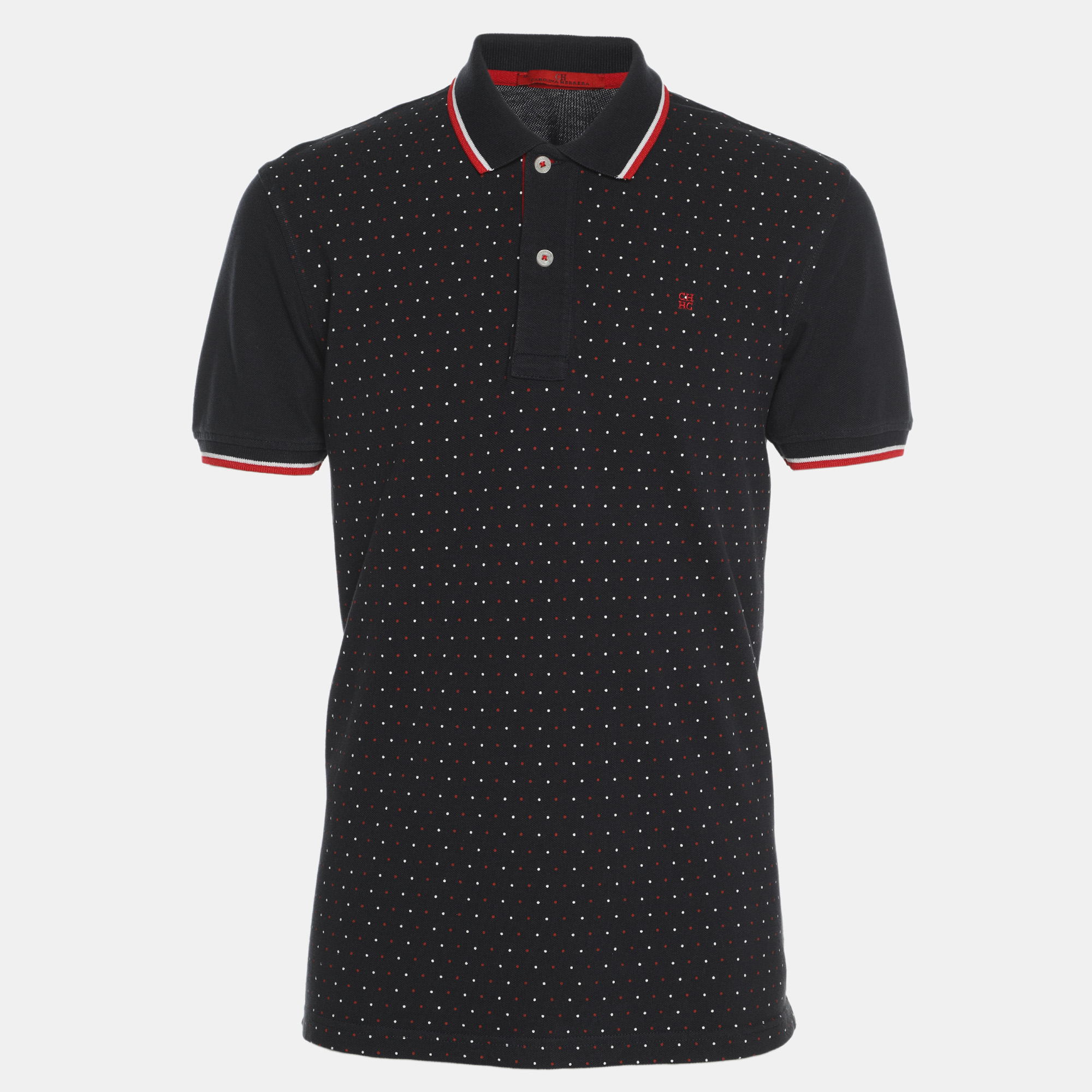 CH Carolina Herrera Navy Blue Dotted Print Jersey Polo Shirt