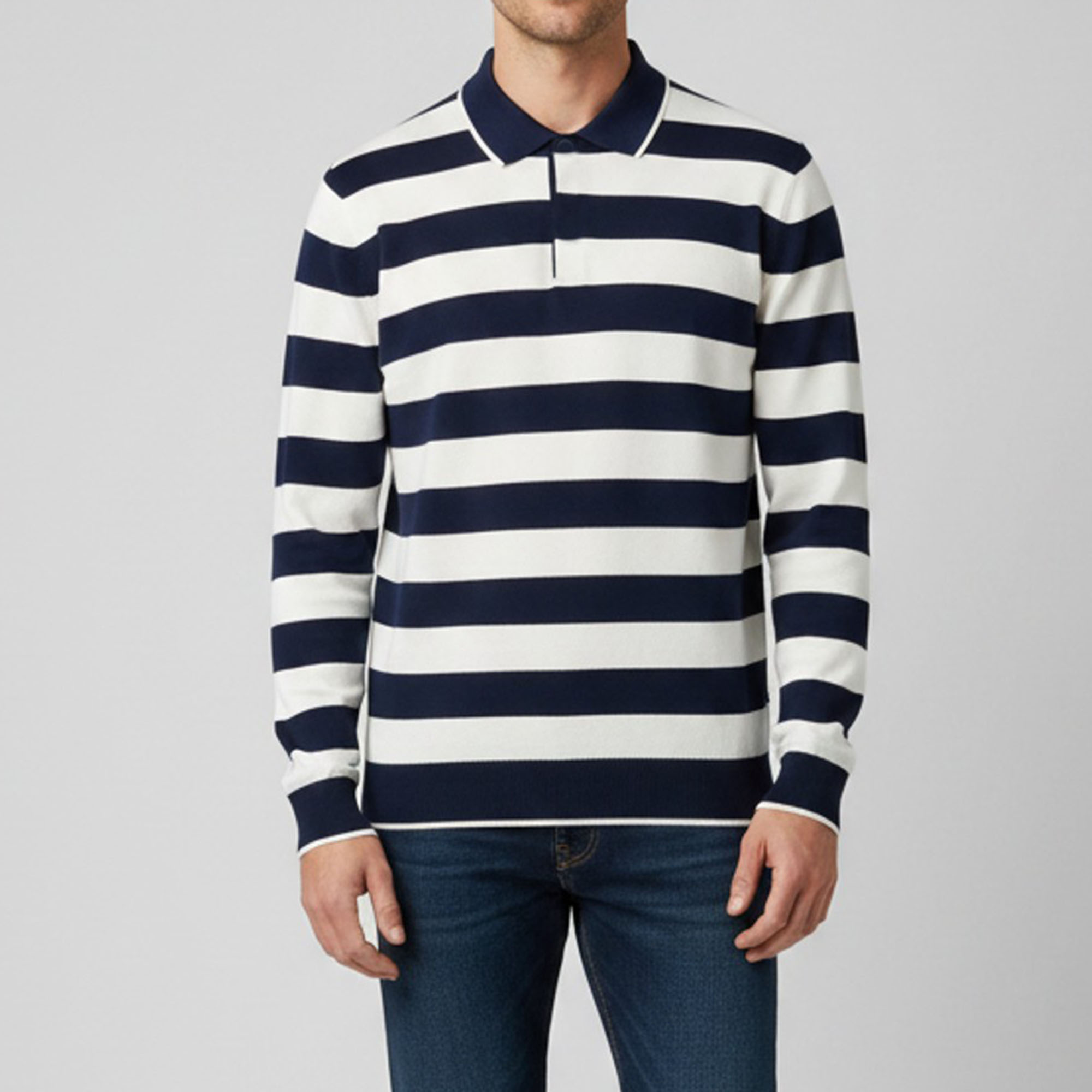 CH Carolina Herrera Navy Blue & White Stripe Pique Cotton Polo Shirt