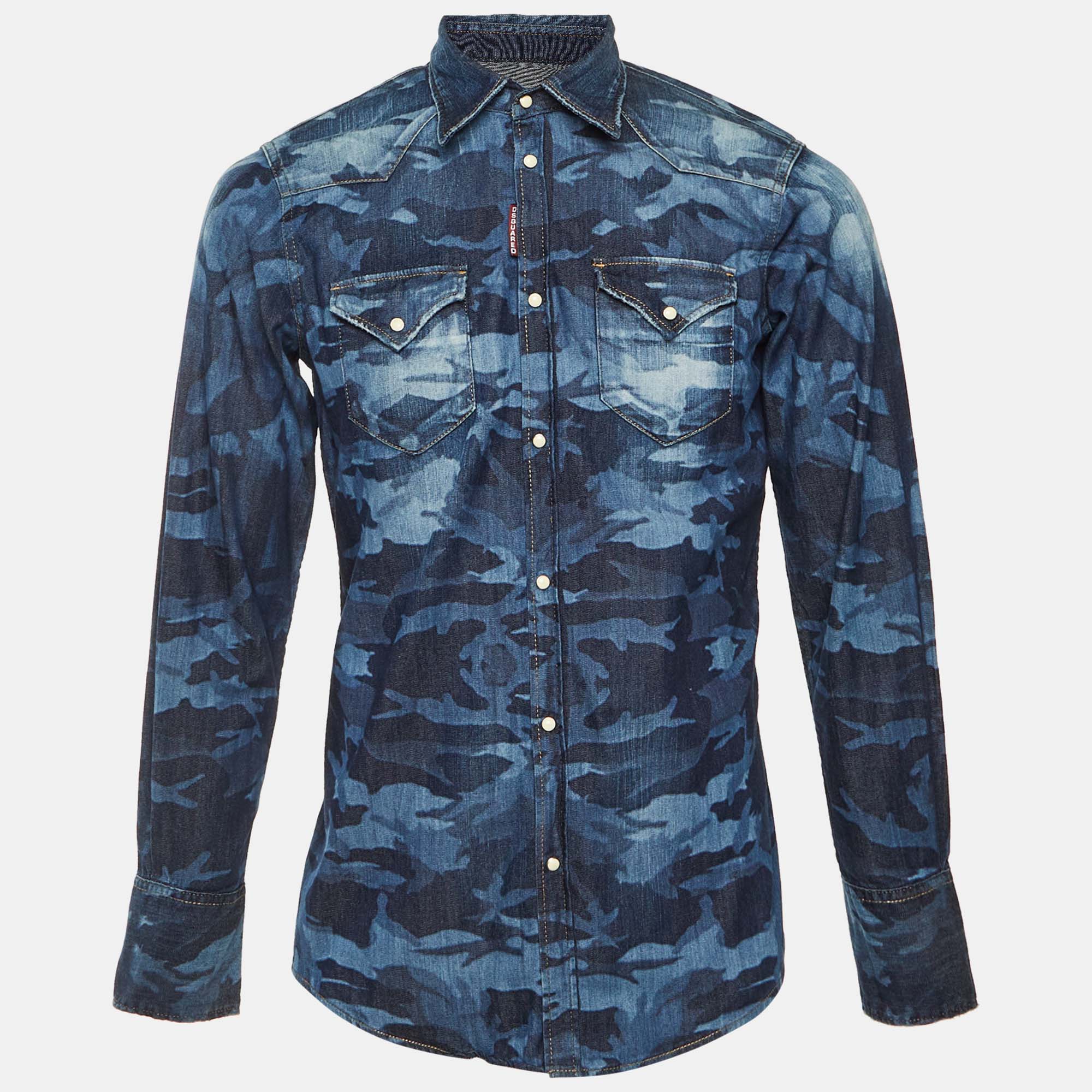 Dsquared Blue Military Printed Denim Button Front Shirt Dsquared Blue Military Printed Denim Button Front Shirt