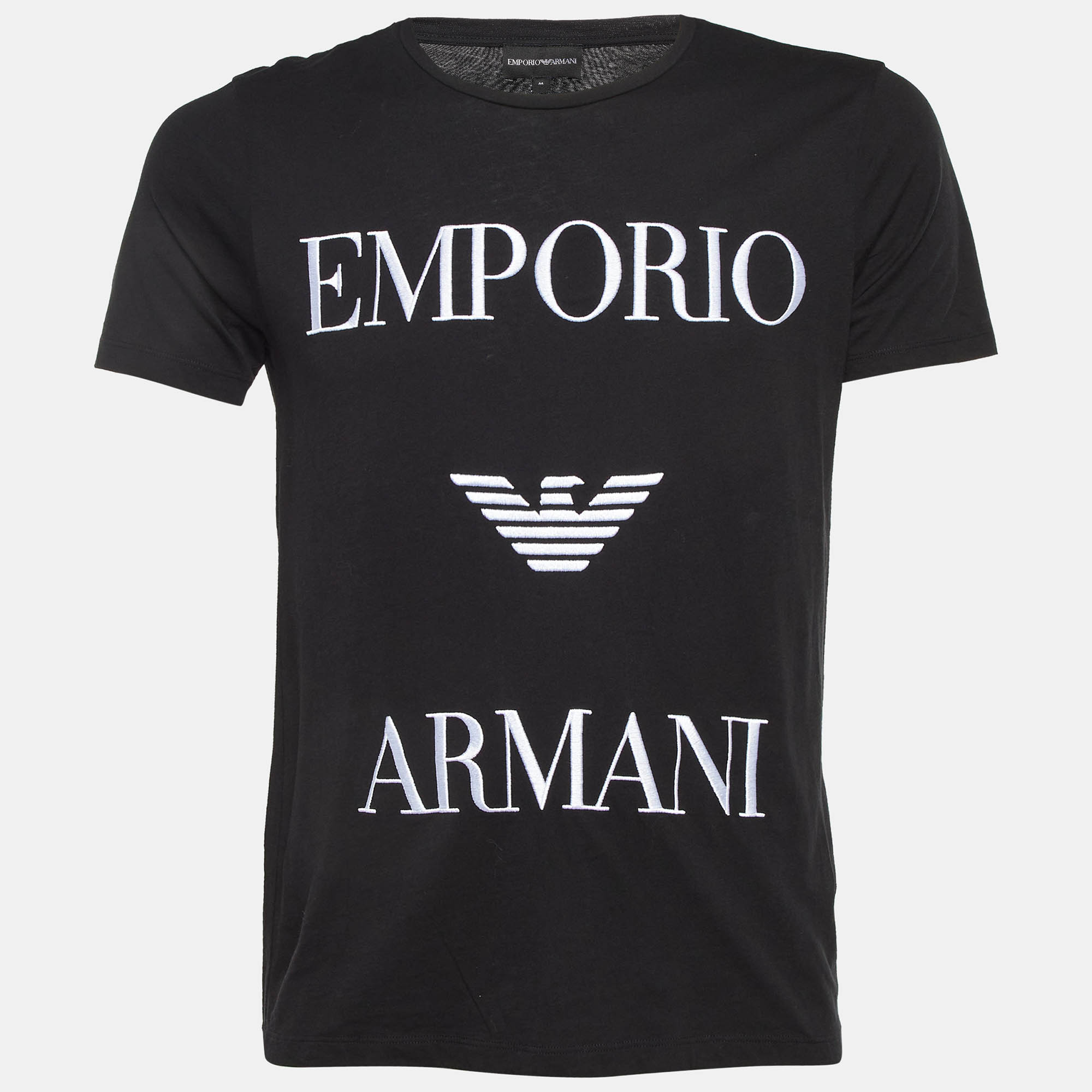 Emporio Armani Black Logo Embroidered Cotton Crew Neck Shirt Emporio Armani Black Logo Embroidered Cotton Crew Neck Shirt