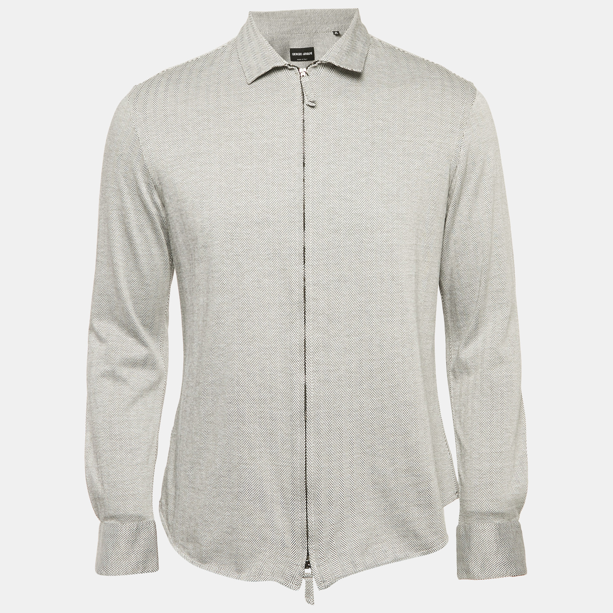 Giorgio Armani Grey Herringbone Cotton Blend Zip-Up Shirt Giorgio Armani Grey Herringbone Cotton Blend Zip-Up Shirt