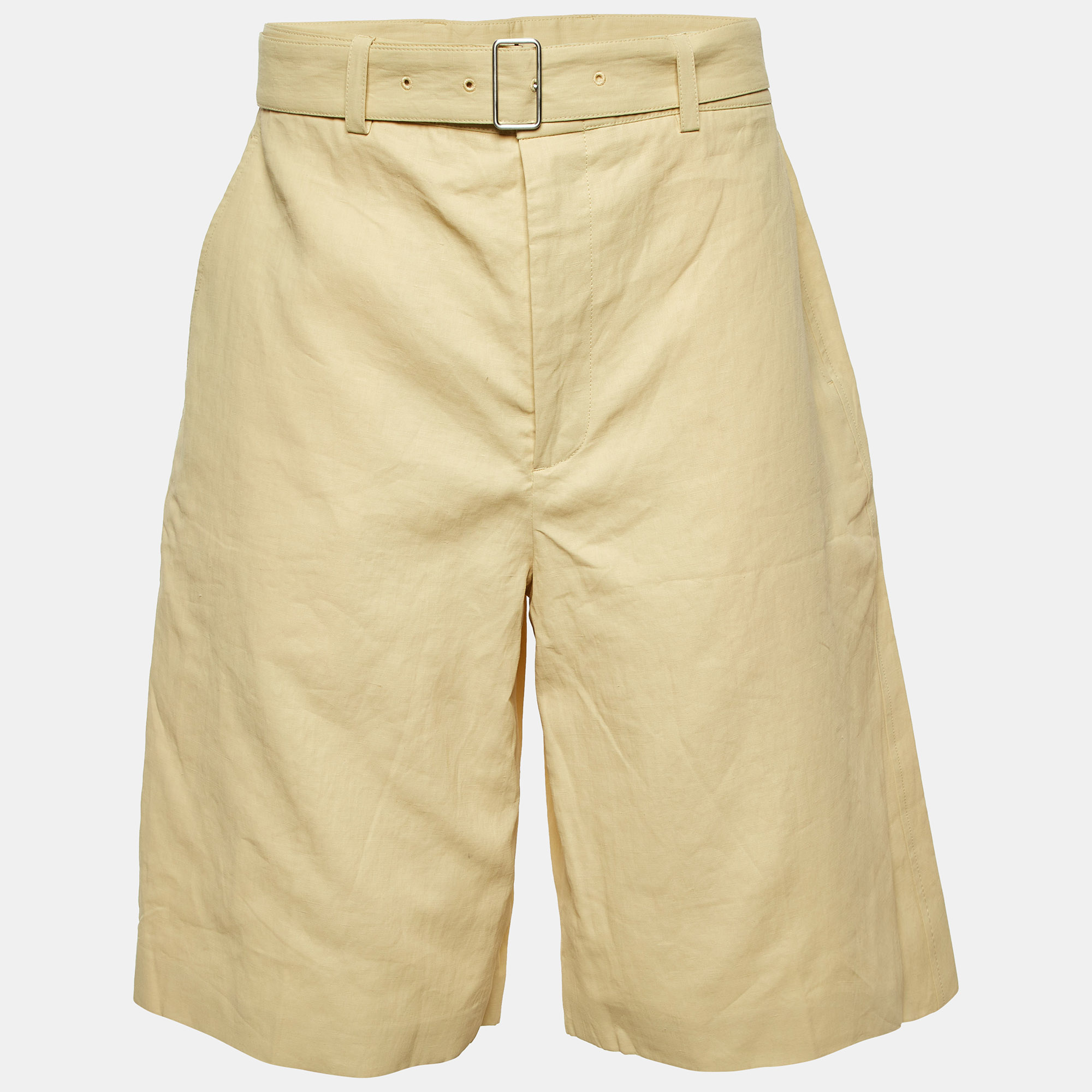 Jil Sander Light Yellow Coated Linen Wide Leg Belted Shorts