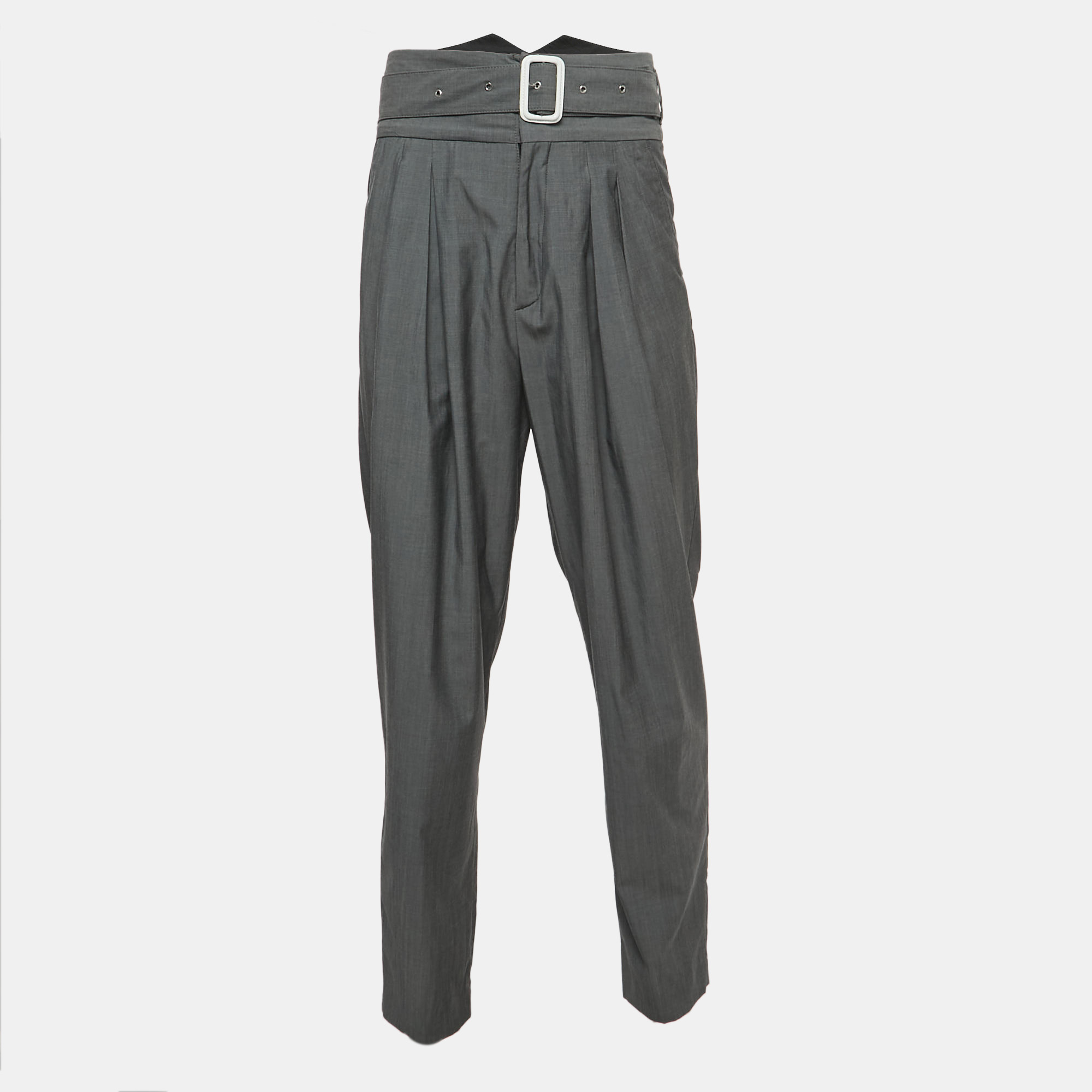 Kenzo Grey Wool Pleated High Waist Belted Trousers Kenzo Grey Wool Pleated High Waist Belted Trousers