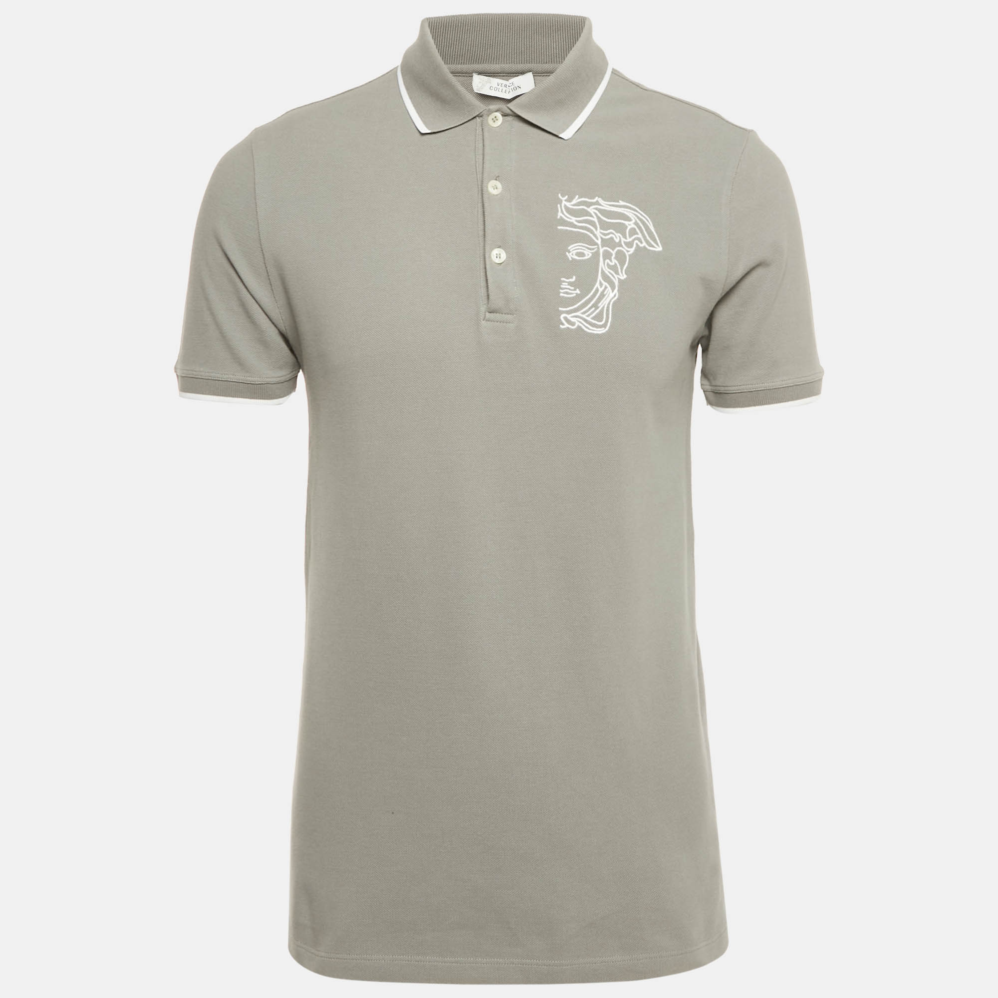 Versace Collection Grey Medusa Embroidered Cotton Polo Shirt