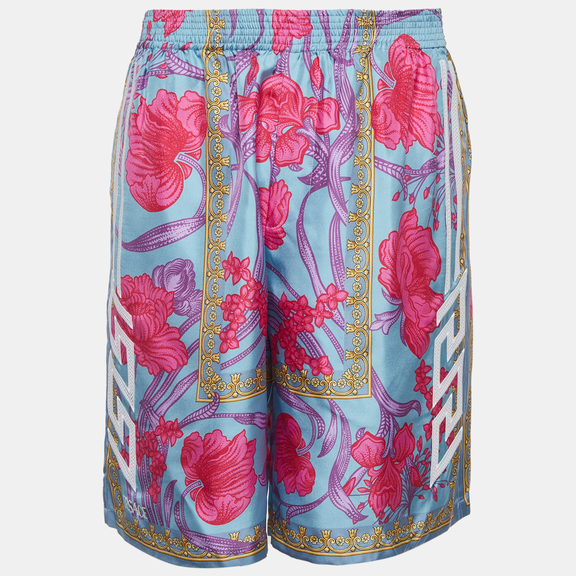 Versace Blue Floral Print Silk Embroidered Shorts