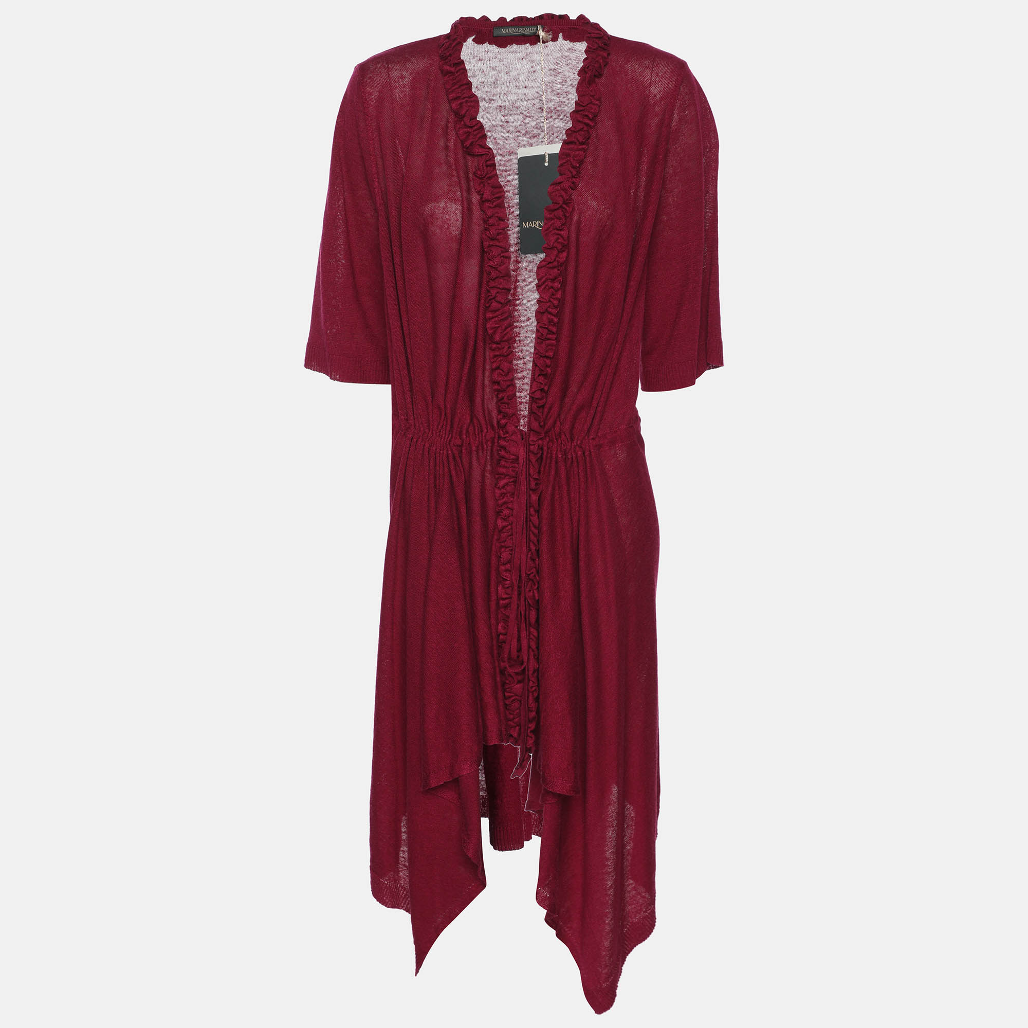 Marina Rinaldi Burgundy Stretch Knit Ruffle Edge Drawstring Cardigan Marina Rinaldi Burgundy Stretch Knit Ruffle Edge Drawstring Cardigan